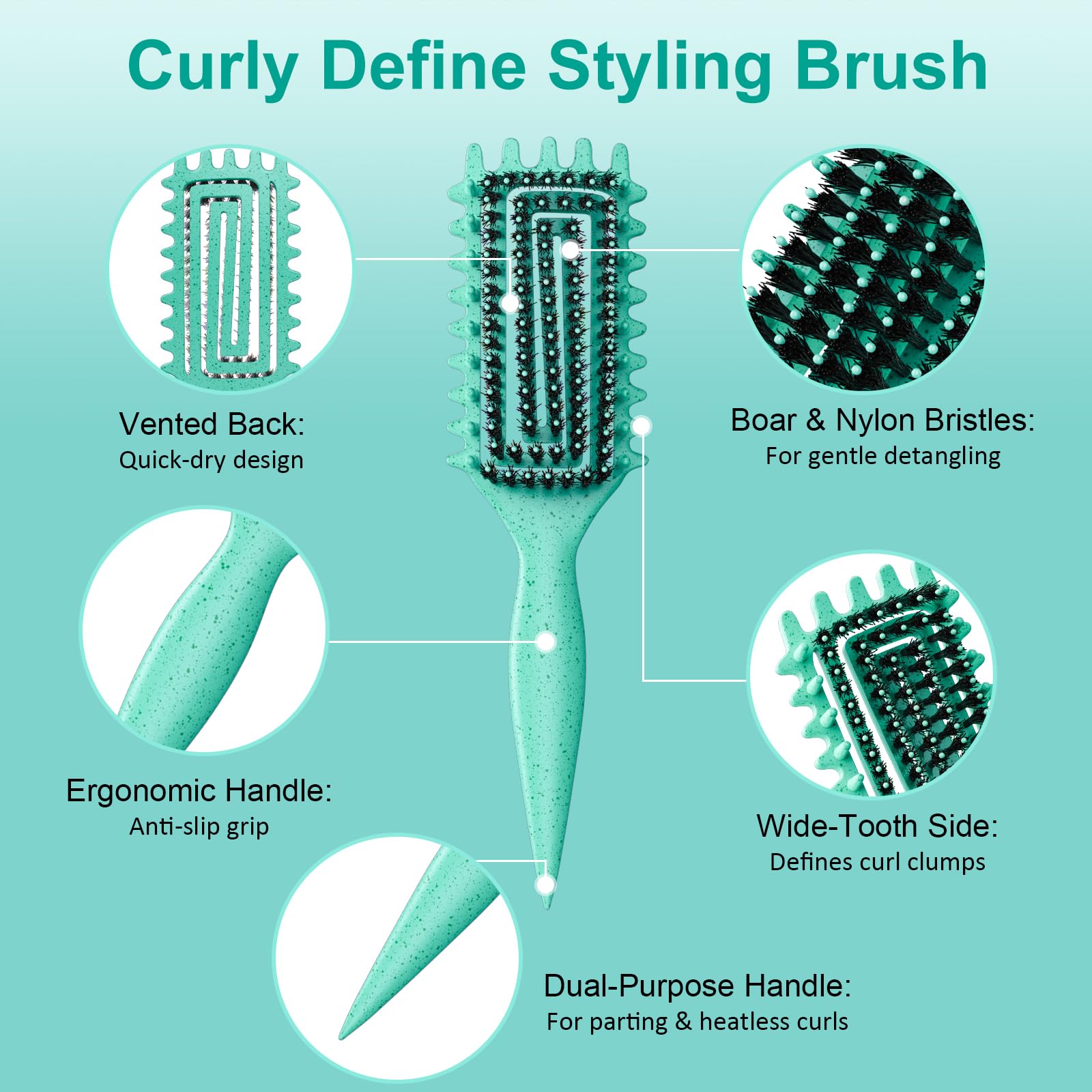 Medium Aquamarine Curly Hair Brush, Curl Defining Brush with Soft Boar Bristles Detangling Tangled Glides, Wide-Teeth Design Effortlessly Shaping & Defining Curls, Curling Definer for Wet & Dry Hair (Green)