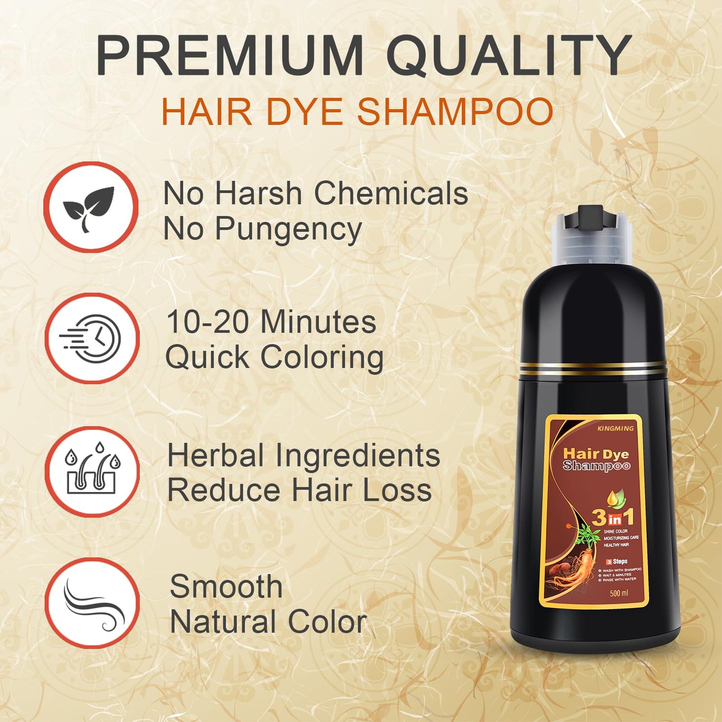 Wheat KINGMING Dark Brown Herbal Instant Color Shampoo for Gray Hair Coverage for Women & Men - 3 in 1 Champu Con Tinte Para Canas 500ml