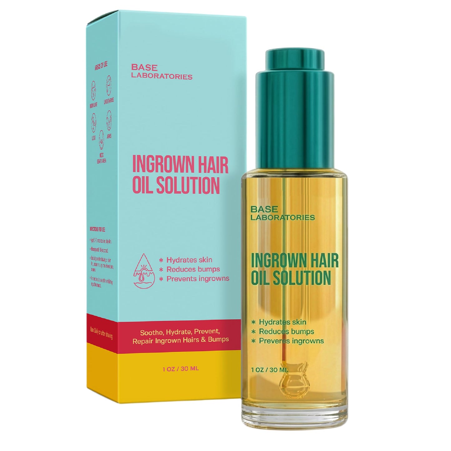 Light Blue BASE LABORATORIES Ingrown Hair Treatment Oil – Soothing After Shave Oil Prevents Ingrown Hairs, Soothes Razor Bumps for Bikini Area, Legs, Underarms, Neck, Beard & Face – Tea Tree, Jojoba 1oz (30ml)