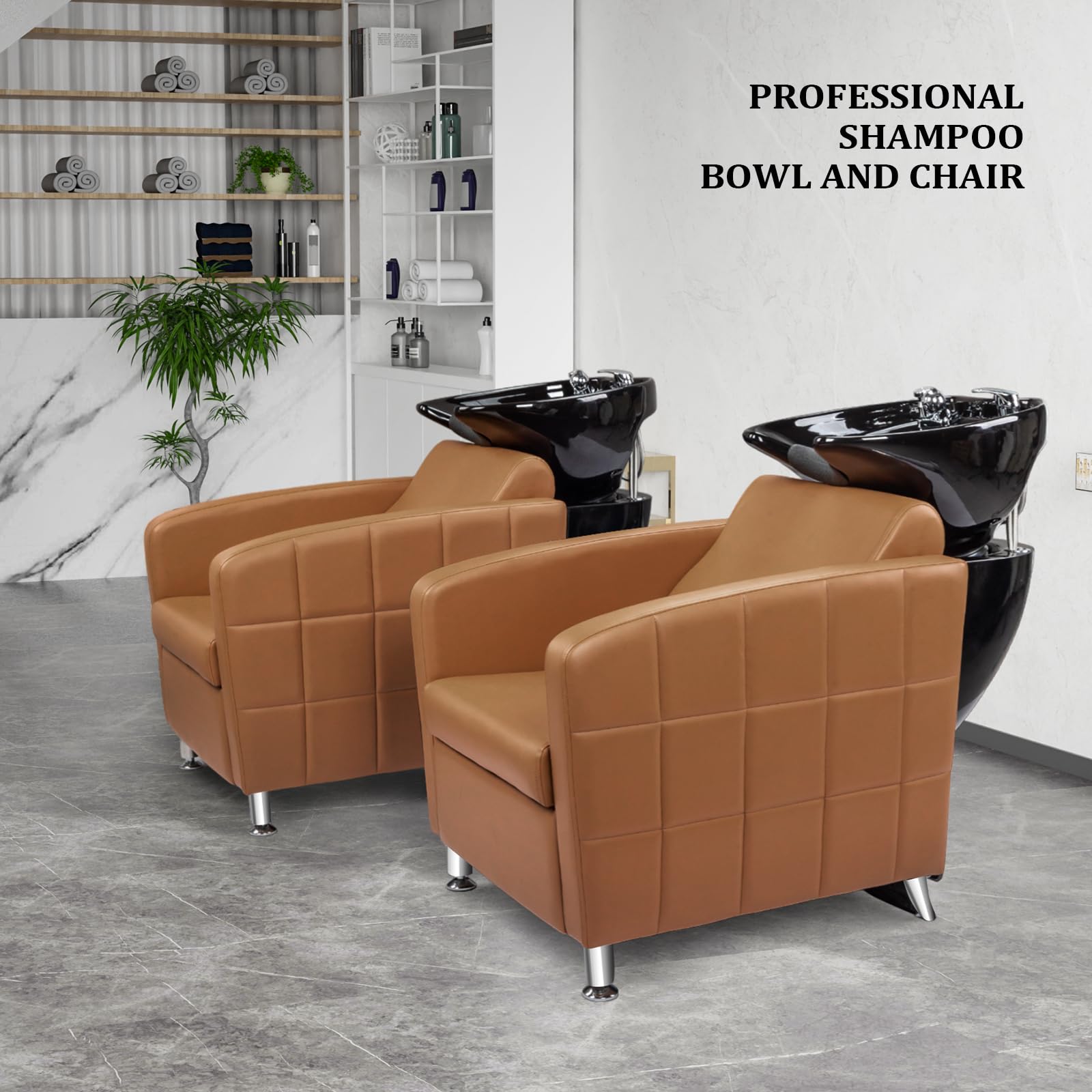Light Gray OmySalon Salon Shampoo Bowl and Chair, Extra Wide Seat & Porcelain Hair Washing Sink, Shampoo Unit for Beauty Spa Barbershop, Camel
