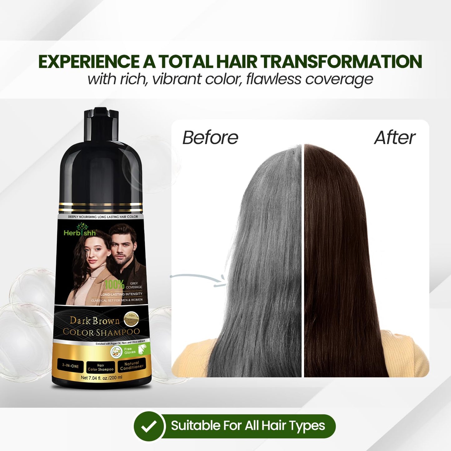 White Smoke Herbishh Dark Brown Shampoo, Hair Dye Shampoo 3 in 1, 100% Grey Coverage, Hair Color for Men & Women, Long-lasting Color in 20-25 Mins, Ammonia-free, 200 ml