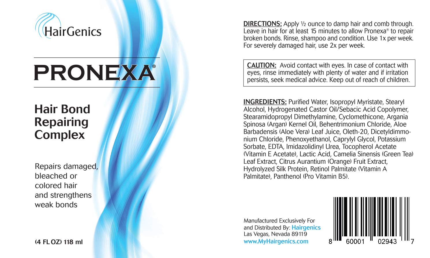 White Smoke Hairgenics Pronexa Hair Bonder Bond Repairing Complex and Conditioner for Damaged and Treated Hair. 4 FL OZ Provides 8 full treatments.