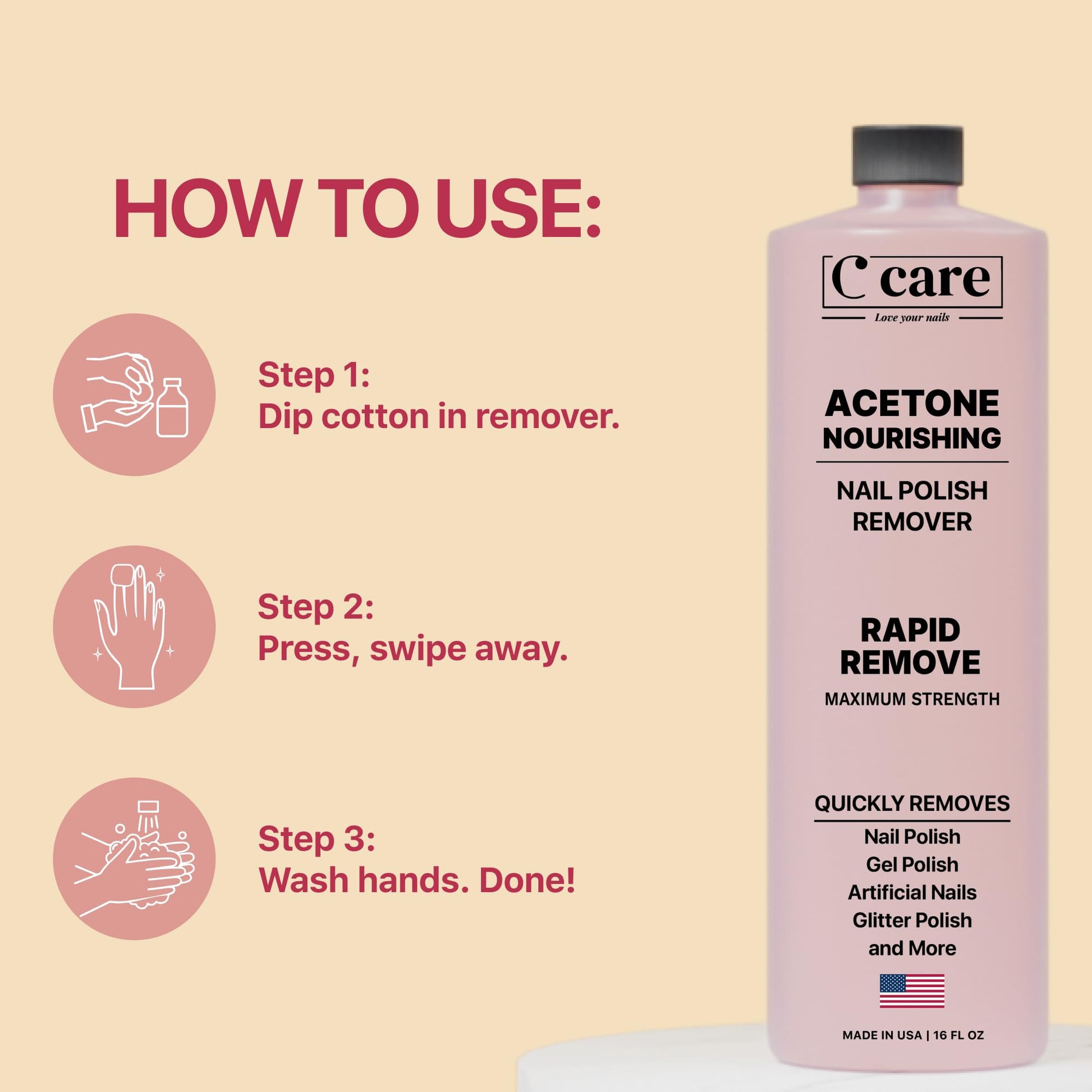 Peach Puff Nourishing Acetone Nail Polish Remover | Professional Quality | Rapidly Removes Natural, Natural, Gel, Acrylic, and Glitter Nails | 16 Fl oz