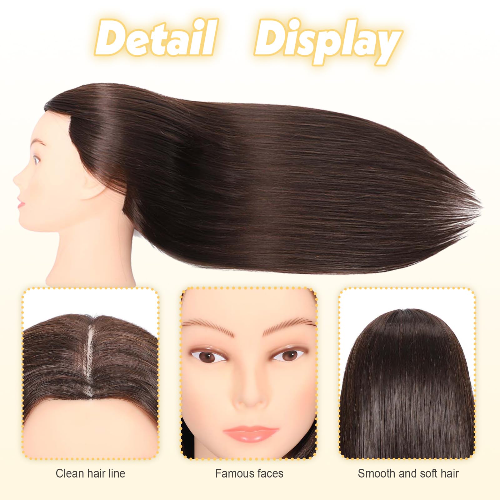 White Smoke 22" MQHIHI Mannequin Head Human Hair Cosmetology Manikin Doll Head with 80% Real Hair for Hairdresser Practice Cutting Braiding Hair Styling with Clamp Holder and Tools (Dark Brown)