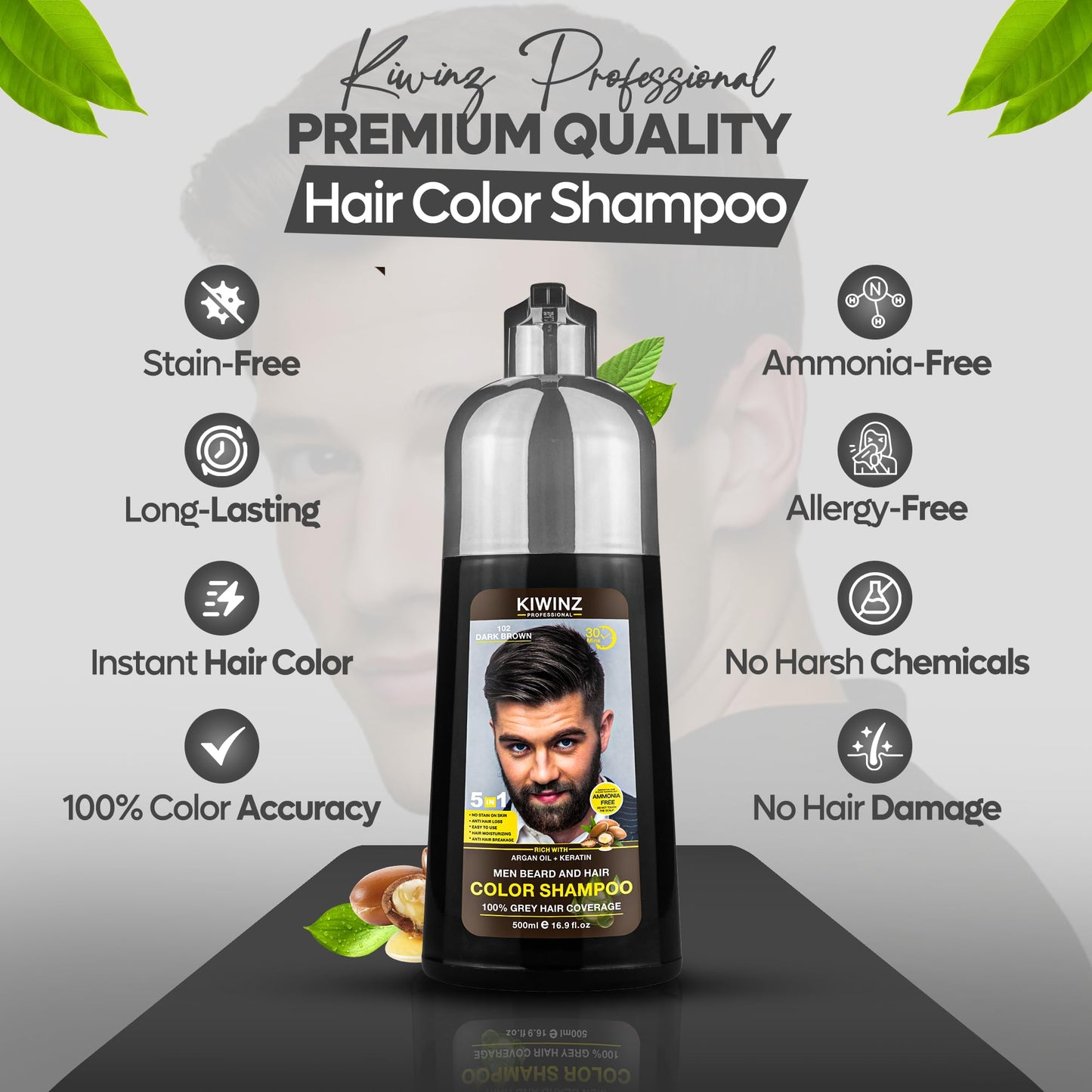 Light Gray Kiwinz Professional Dark Brown Hair Color Shampoo for Men – 5 in 1 Hair Dye Shampoo for Grey Hair - Instant Hair Dye with 100% Color Accuracy with Natural Ingredients - Ammonia Free - 500ml