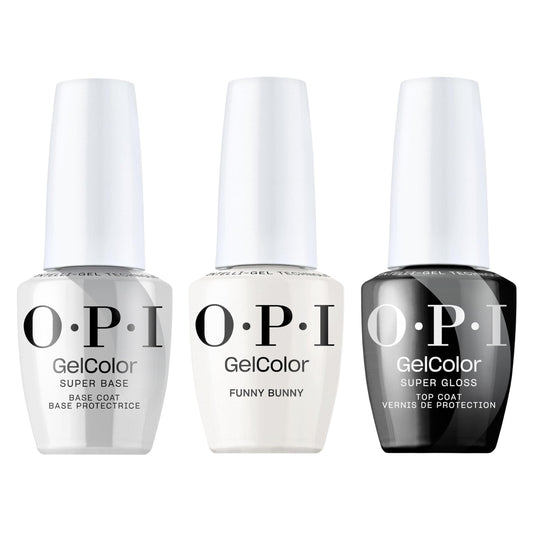 White Smoke OPI GelColor Iconic Gel Nail Polish + System Bundle | Super Base Coat + Funny Bunny, Sheer Soft White Crème UV Cure Gel Polish + Super Gloss Top Coat