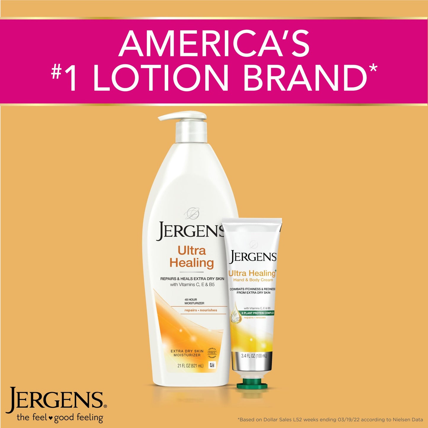 Sandy Brown Jergens Ultra Healing Dry Skin Lotion, Hand and Body Moisturizer for Quick Absorption into Extra Dry Skin with Hydralucence Blend, Vitamins C, E and B5, White, 32oz