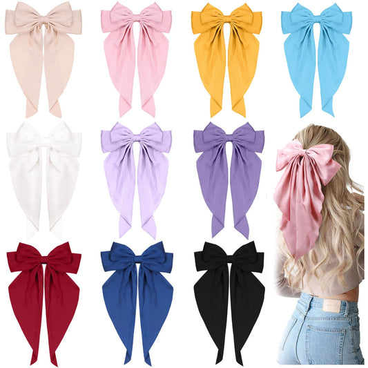 White Smoke 10 PCS Large Hair Ribbon Barrettes with Long Tails for Women & Girls, TOKUFAGU Vintage French Hair Accessories - Bow Clips in 10 Colors (Set A)