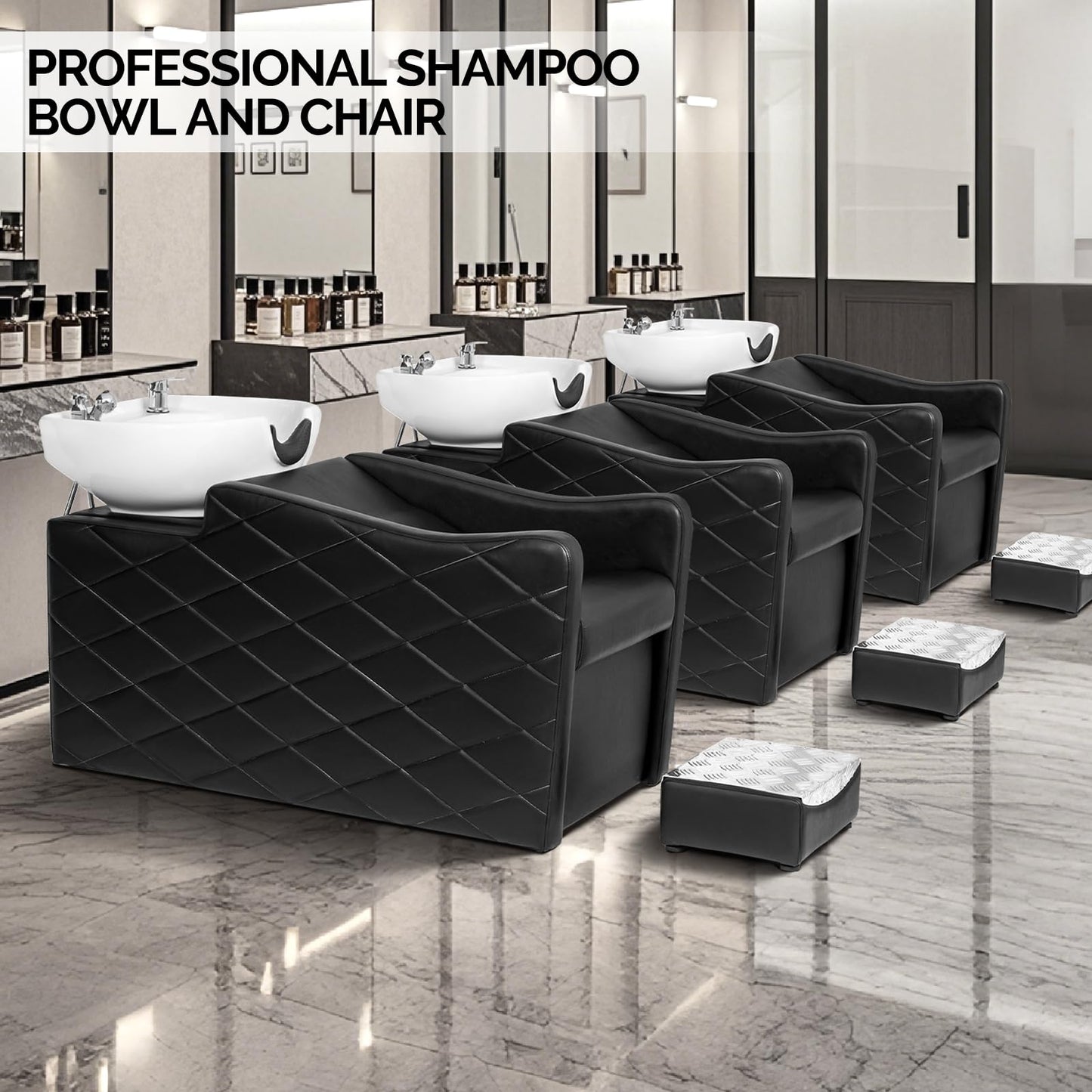Dark Slate Gray OmySalon Shampoo Bowl and Chair Set for Salon, Hair Washing Station with Ceramic Shampoo Sink, UPC Certificated Vacuum Breaker, Neck Rest, Backwash Shampoo Unit for Barbershop Beauty Spa