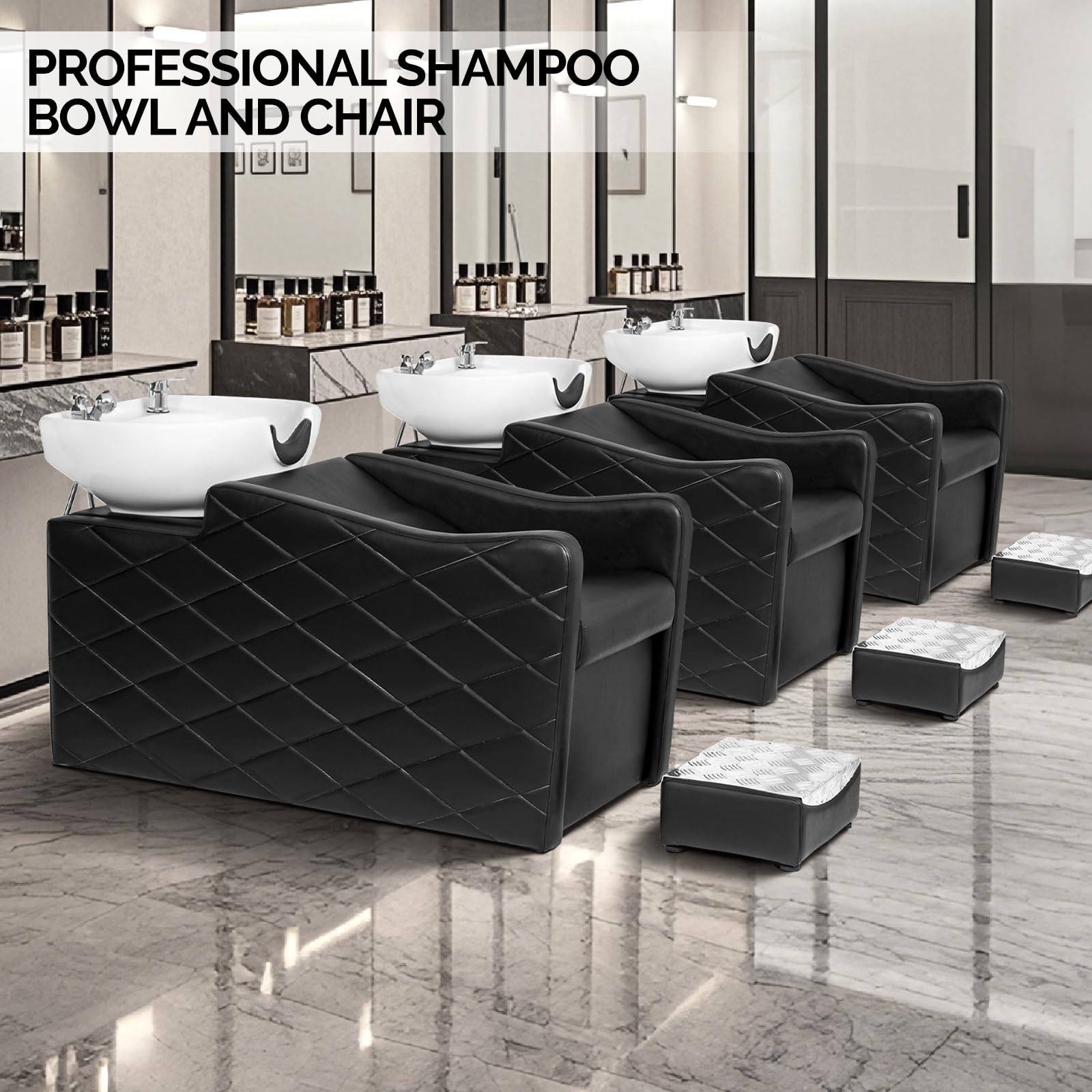 Dark Slate Gray OmySalon Shampoo Bowl and Chair Set for Salon, Hair Washing Station with Ceramic Shampoo Sink, UPC Certificated Vacuum Breaker, Neck Rest, Backwash Shampoo Unit for Barbershop Beauty Spa