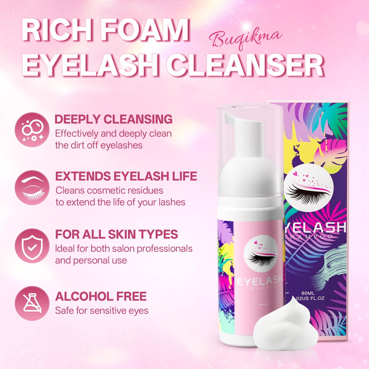 Lavender Blush Buqikma Lash shampoo for Eyelash Extension, 60Ml/2.02 fl.Oz Eyelash Shampoo Kit with Lash Wash Brushes Gentle Lash Extension Cleanser for Professional Salon and Home Eyelash Care