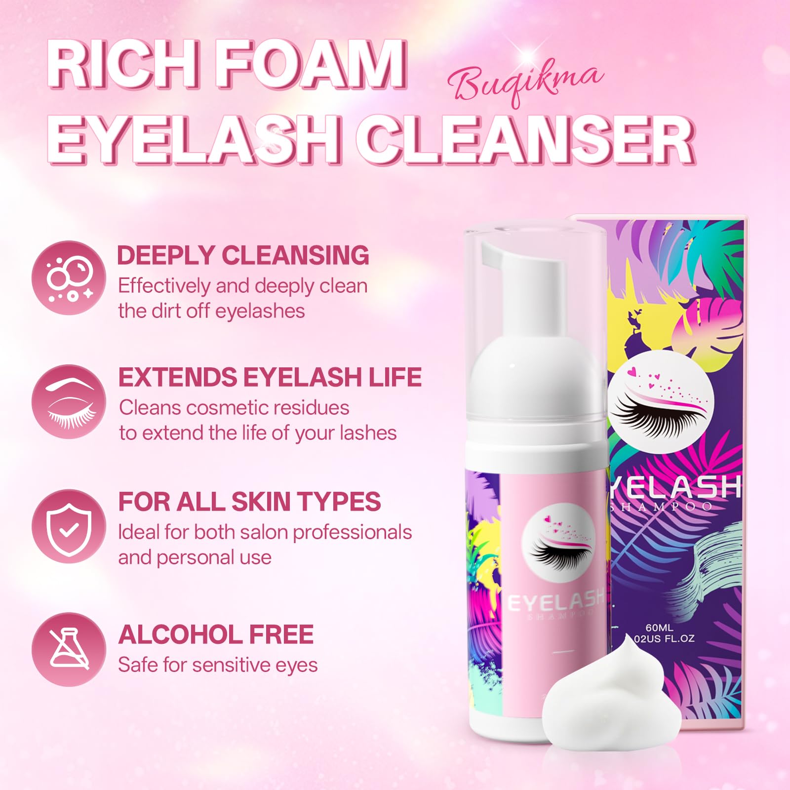 Lavender Blush Buqikma Lash shampoo for Eyelash Extension, 60Ml/2.02 fl.Oz Eyelash Shampoo Kit with Lash Wash Brushes Gentle Lash Extension Cleanser for Professional Salon and Home Eyelash Care