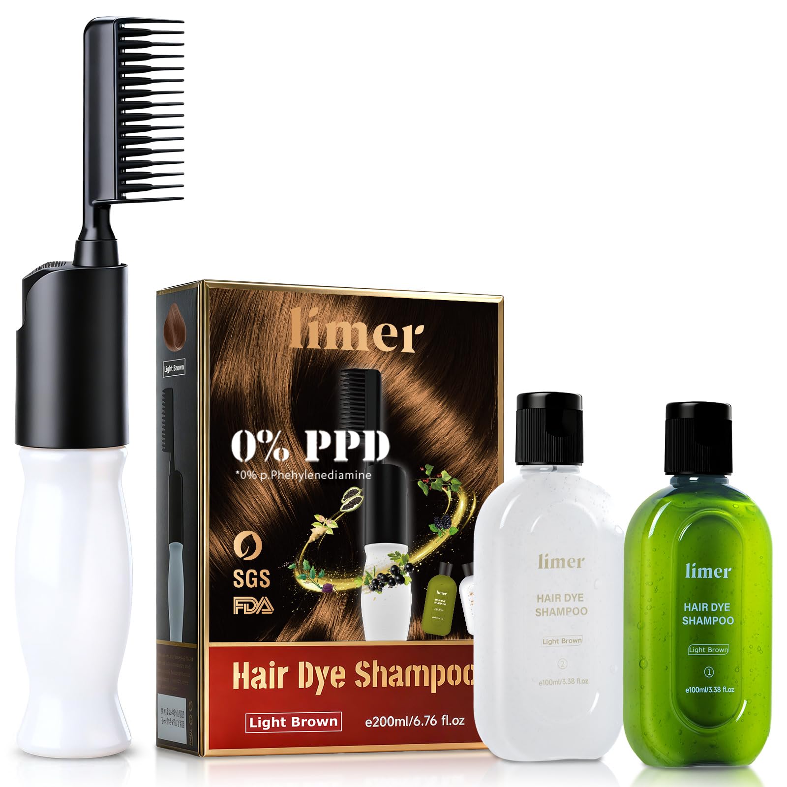White Smoke Hair Dye Shampoo PPD-Free for Sensitive Scalp, Comb-In Root Touch-Up Light Brown 6 in 1 Herbal Gentle Formula Gray Coverage for Men Women, Ammonia-Free, Semi-Permanent (6.76fl oz/200ml)