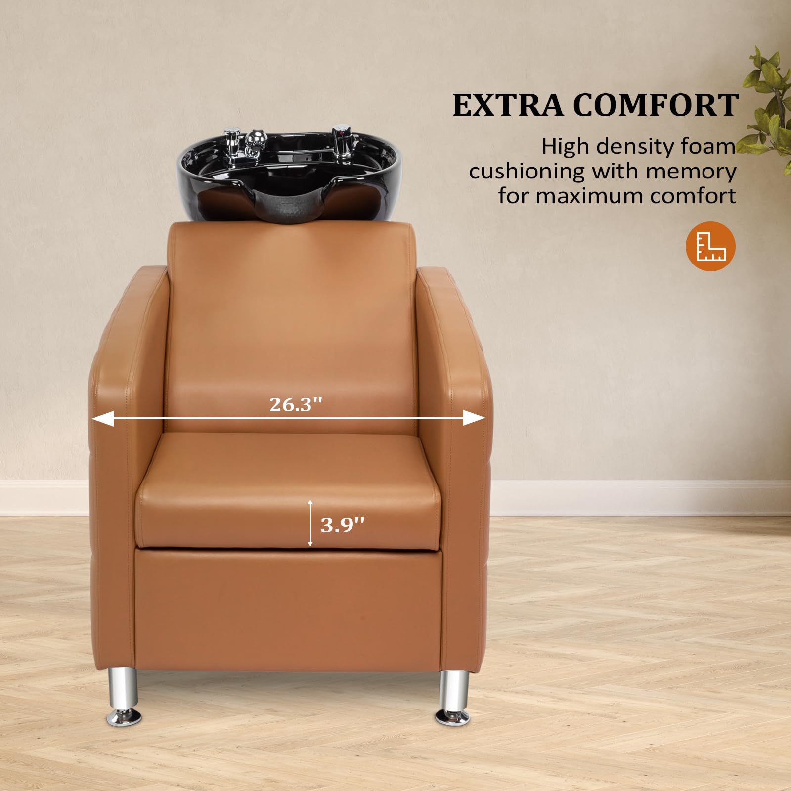 Gray OmySalon Salon Shampoo Bowl and Chair, Extra Wide Seat & Porcelain Hair Washing Sink, Shampoo Unit for Beauty Spa Barbershop, Camel