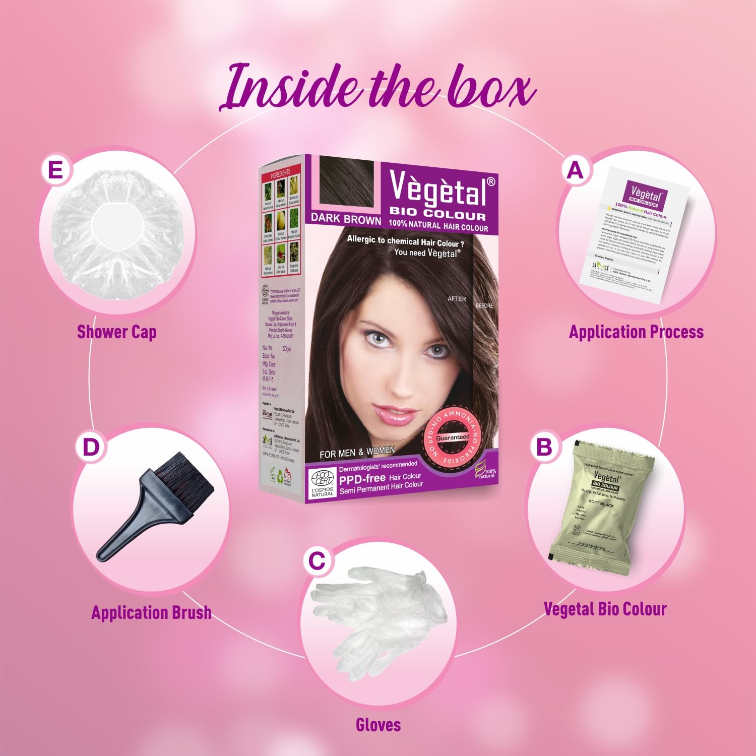 Light Pink Vegetal Bio Colour Dark Brown 150g, 100% Herbal and Organic Hair Color, Ammonia-Free, PPD-Free, Semi-Permanent Dye for Men and Women, Protects UV and Maintains Luster, Complete Kit Included