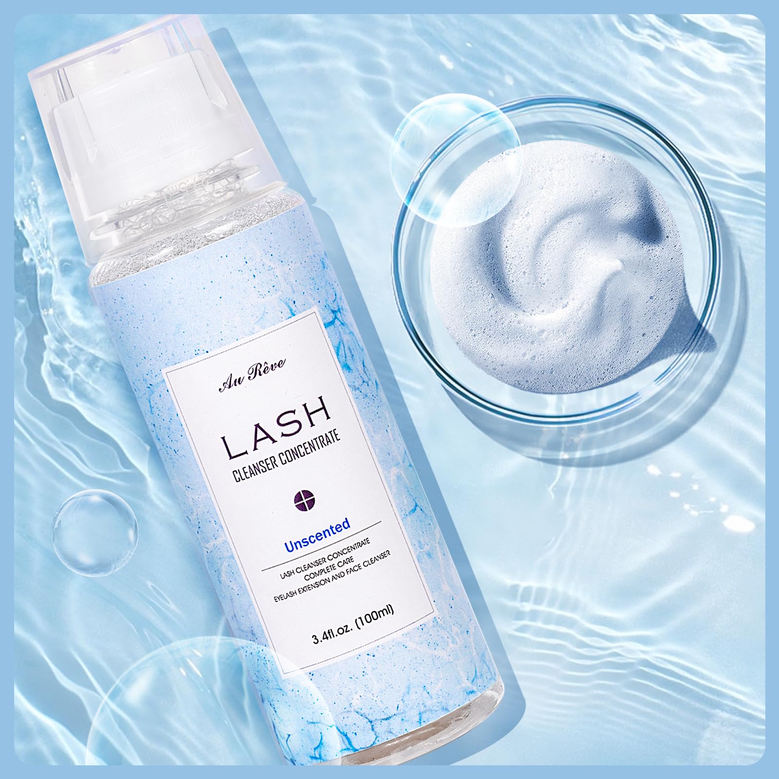 Light Blue AuReve Lash Shampoo Concentrate 100ml Lash Extension Cleanser Oil-Free Eyelash Extension Shampoo with Salon Home Care -Makes 20 Bottles 60ml Lash Shampoo,Unscented