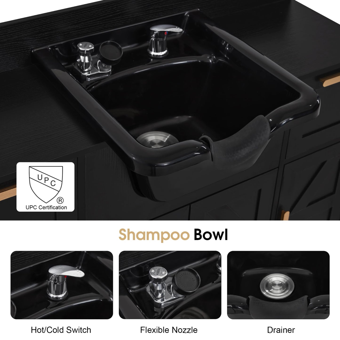 Black BarberPub Portable Shampoo Station, Shampoo Bowl with Cabinet & Drawer, Salon Geometric Finish Station with Sprayer Faucet, Barber Storage Equipment with Hair Wash Backwash Sink 3439 (Black)