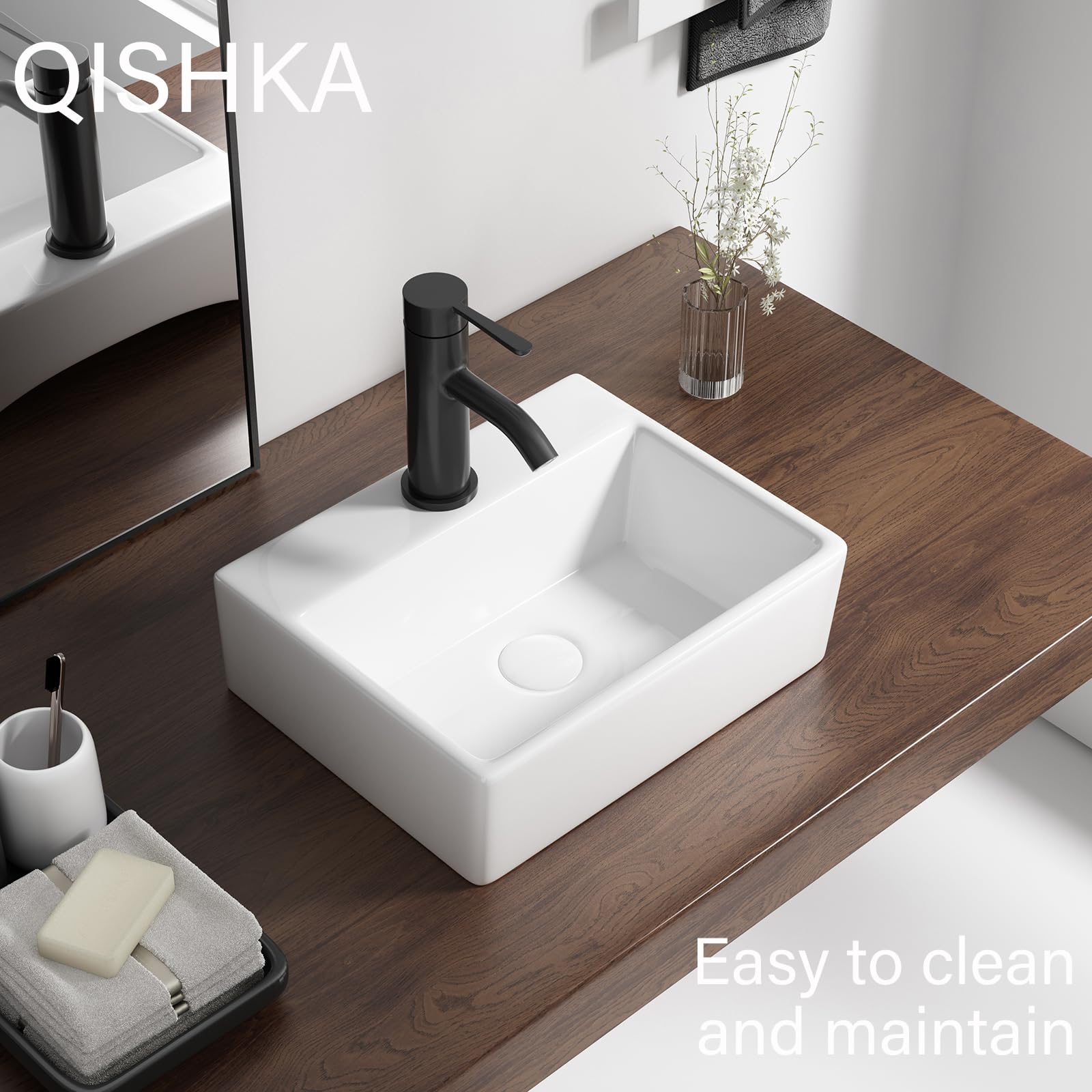 Light Gray Wall Mounted Bathroom Vessel Sink, QISHKA 15" X 12" Rectangular Floating Ceramic Wash Hand Basin White Wall Hung Vanity Sink for Bathroom and Cloakroom