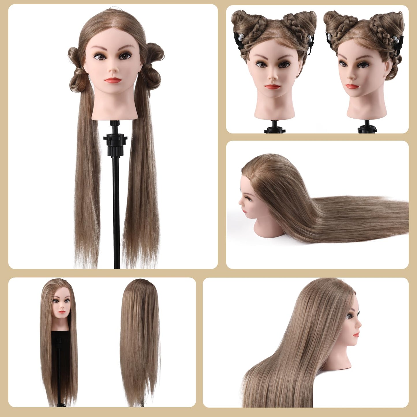 White Smoke Mannequin Head with Hair, 26" Hair Mannequin Manikin Head Hair Practice Cosmetology Hair Doll Head Styling Hairdressing Training Braiding Cutting Setting with Clamp Holder and Tools