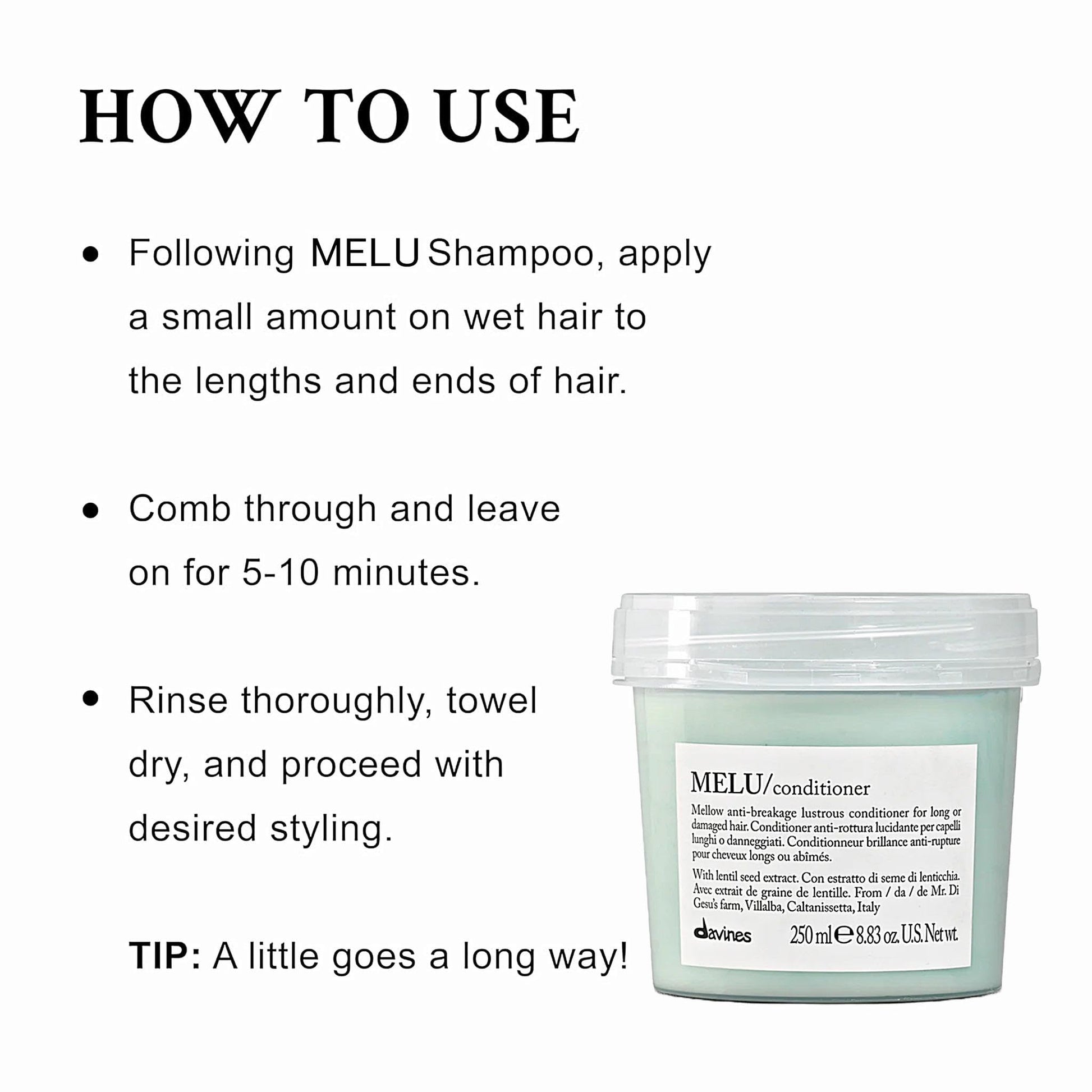 White Smoke Davines MELU Conditioner, Nourishing Light Anti-Breakage Emollient Formula for Long or Damaged Hair - Smooths and Softens Split Ends Weightless, Fortifies Strands with Lentil Seeds, 8.45 Fl Oz
