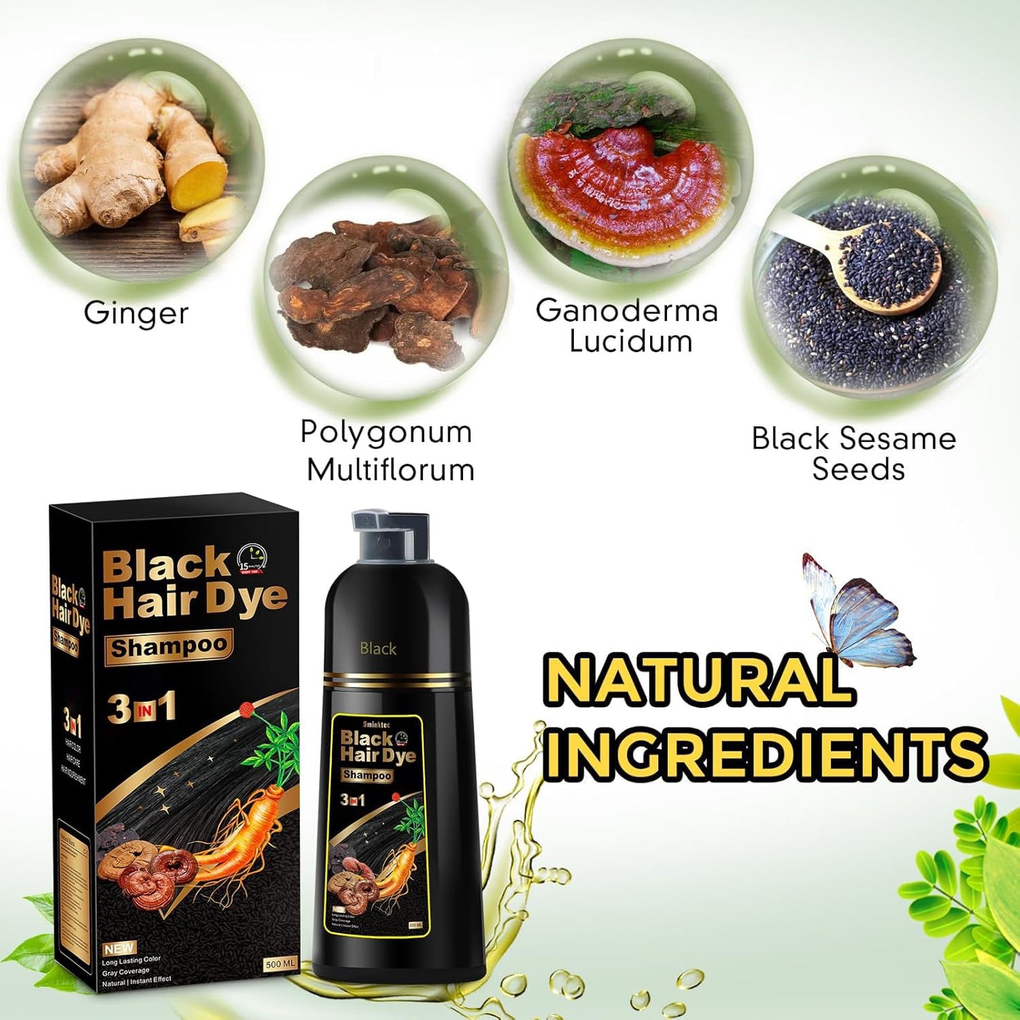 White Smoke Hair Dye Shampoo 3 in 1 for Gray Hair, Herbal Ingredients Natural Shampoo Hair Dye for Women Men (Black)