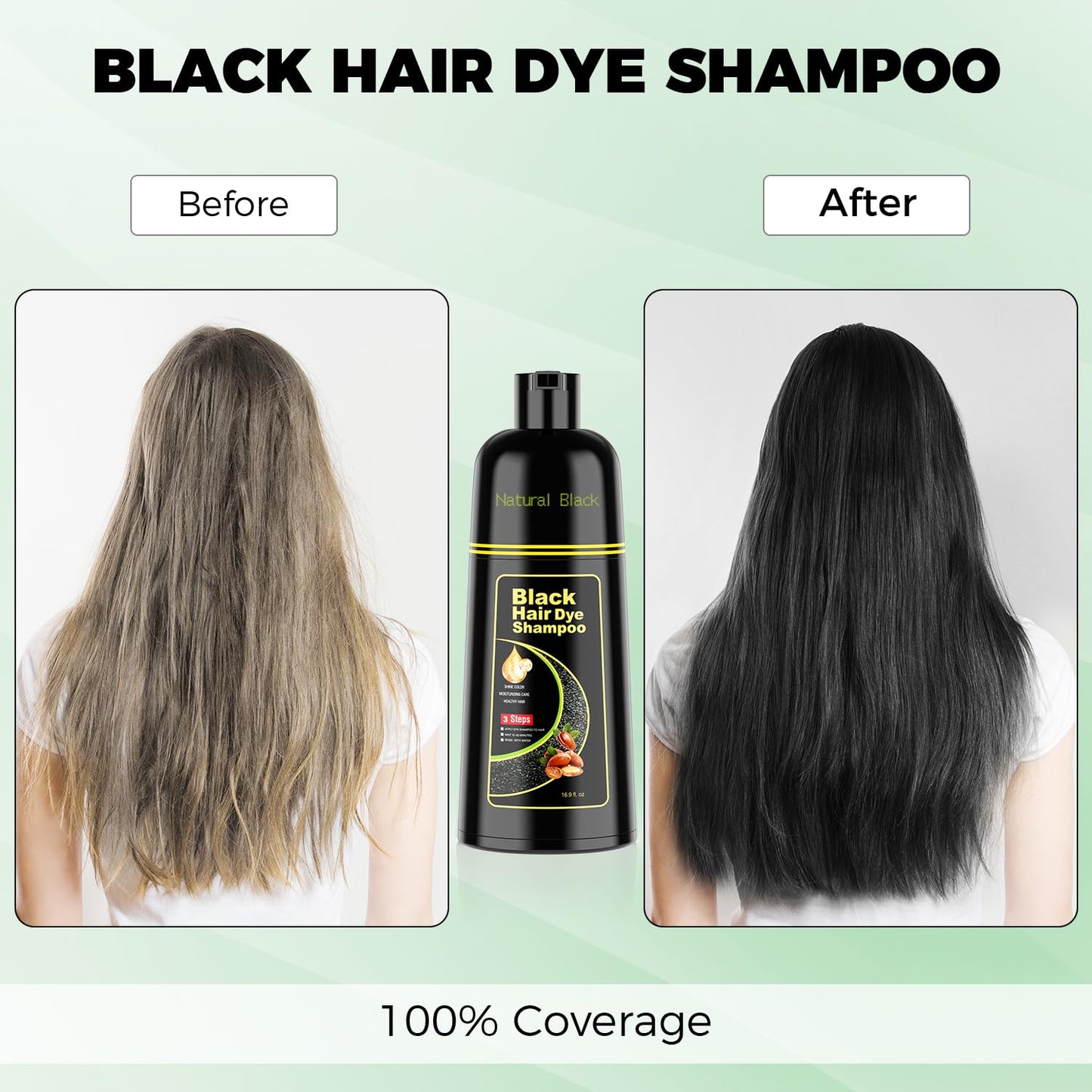 Light Gray KAISASA Black Hair Dye Shampoo 3 in 1，Argan Natural Herbal Formula Hair Color Shampoo Covers Gray Hair for Women and Men (16.9 fl.oz Black)