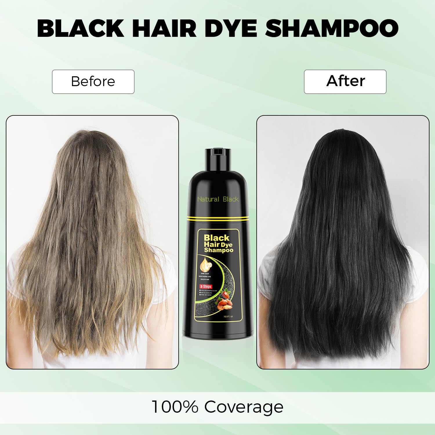 Light Gray KAISASA Black Hair Dye Shampoo 3 in 1，Argan Natural Herbal Formula Hair Color Shampoo Covers Gray Hair for Women and Men (16.9 fl.oz Black)