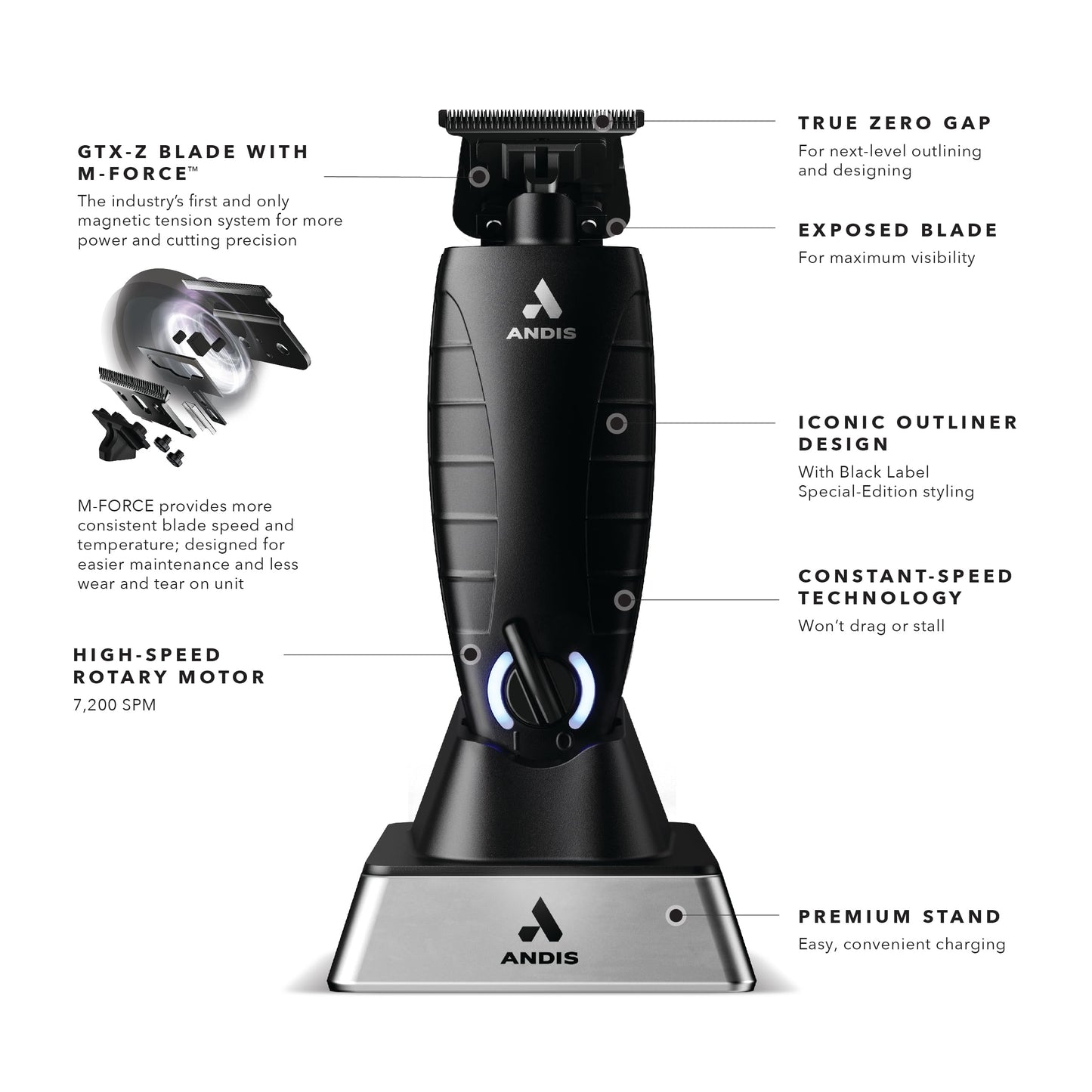 White Smoke Andis GTX-EXO Black Label Special Edition, Professional Lithium-ion Electric Beard & Hair Trimmer, M-Force Technology, Cordless, Included Charging Stand, Black