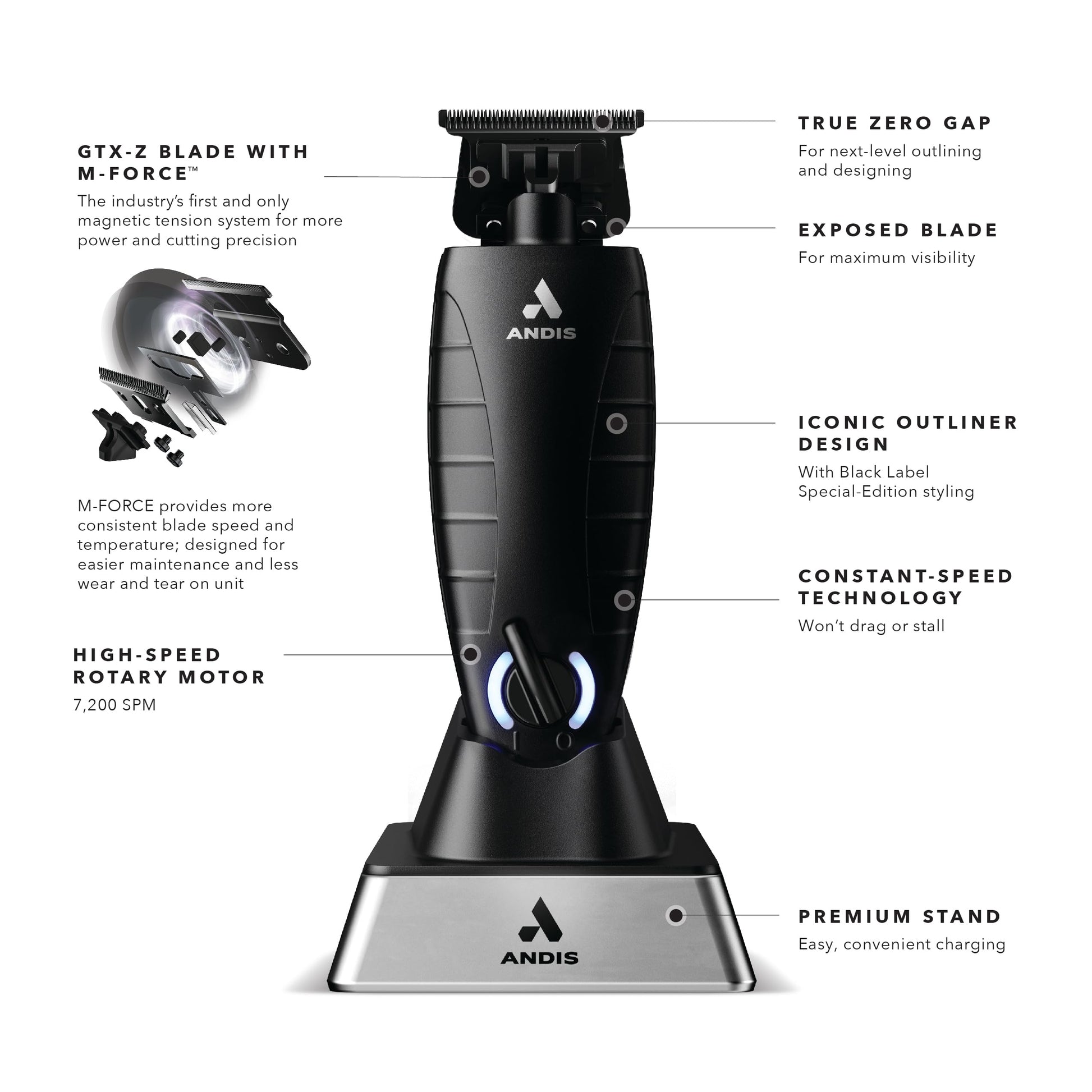 White Smoke Andis GTX-EXO Black Label Special Edition, Professional Lithium-ion Electric Beard & Hair Trimmer, M-Force Technology, Cordless, Included Charging Stand, Black