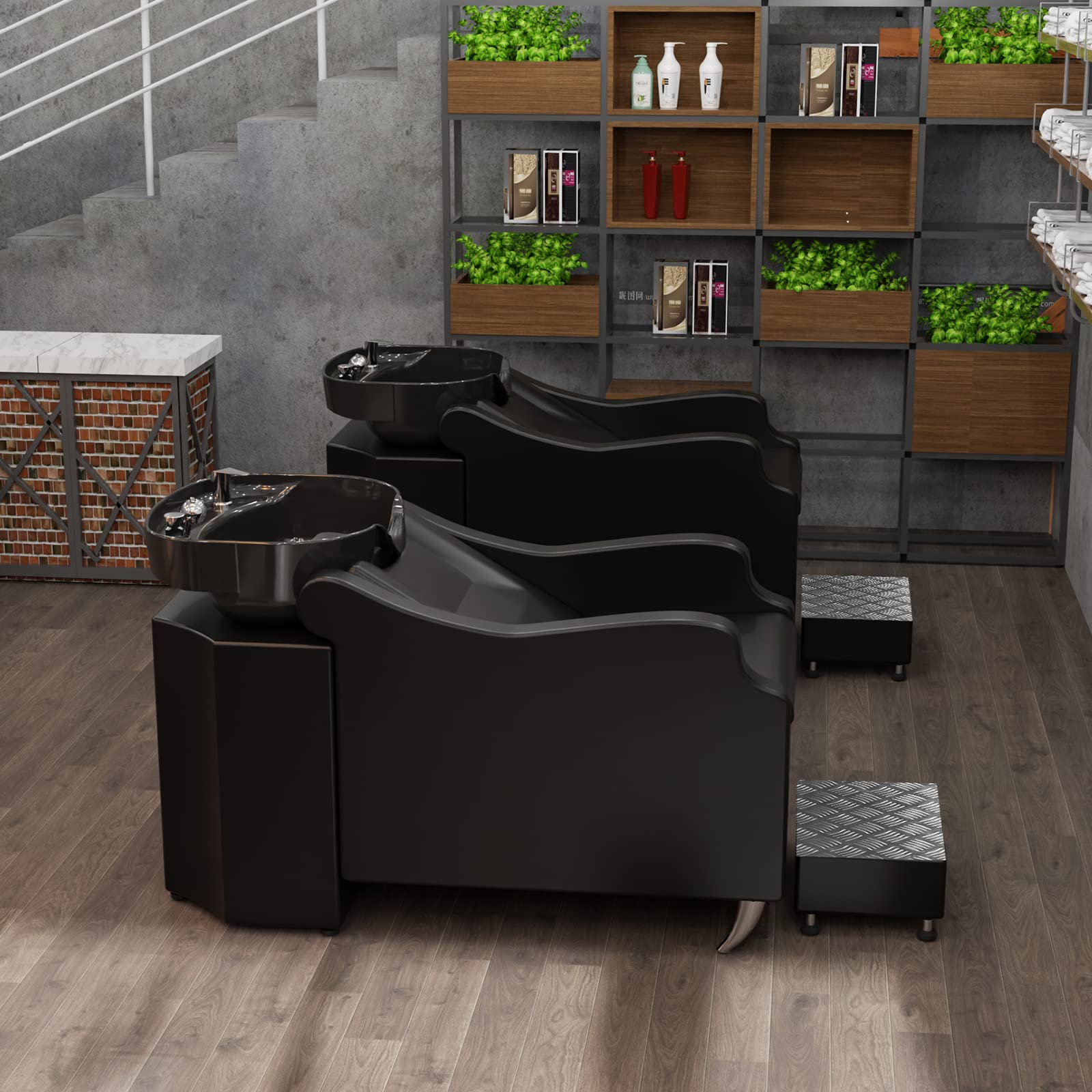 Black OmySalon Shampoo Backwash Unit with Large Porcelain Bowl, Salon Sink Hair Wash Chair Shampoo Station, Barbershop Beauty Spa Massage Hairdressing Equipment
