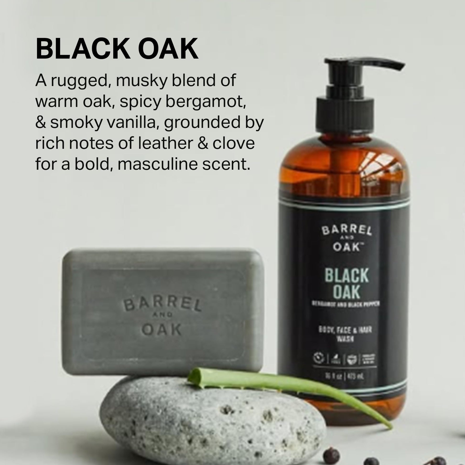 Light Gray Barrel & Oak All-in-One Wash for Face, Hair, & Body, Vegan & Hydrating Face, Shampoo and Body Wash for Men, Grooming Kit Gifts for Men, Black Oak, 16 oz