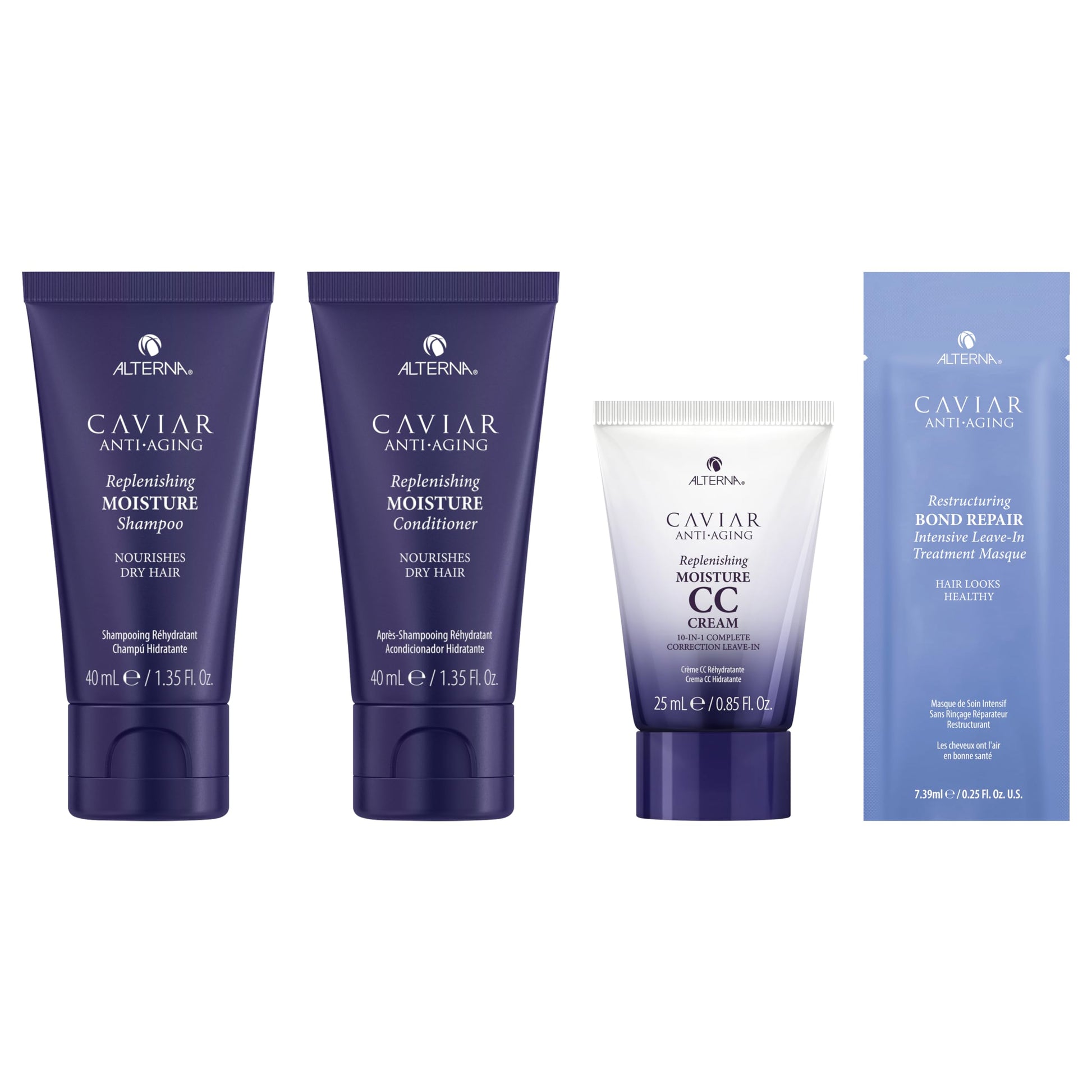 White Smoke Alterna Haircare CAVIAR Anti-Aging Replenishing Moisture Trial Kit - Shampoo, Conditioner, Leave-In CC Cream | For Dry, Brittle Hair | Protects, Restores and Hydrates | Sulfate Free