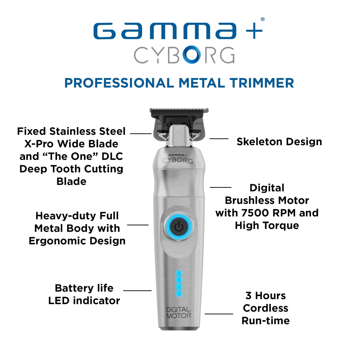 White Smoke GAMMA+ Cyborg Professional Metal Cordless Ergonomicl Hair Trimmer with Digital Brushless Motor