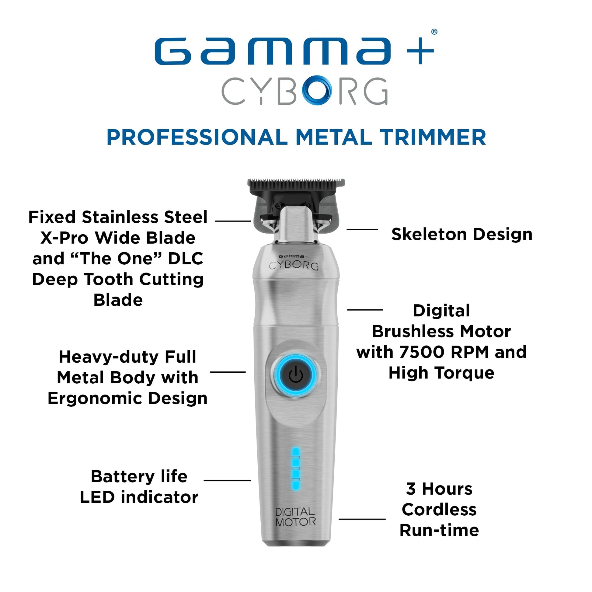 White Smoke GAMMA+ Cyborg Professional Metal Cordless Ergonomicl Hair Trimmer with Digital Brushless Motor
