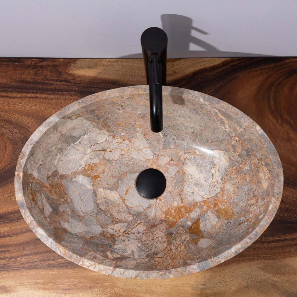 Rosy Brown Oval-Shaped Golden - Gray Marble Vessel Sink for Bathroom – 19" × 15" × 6"