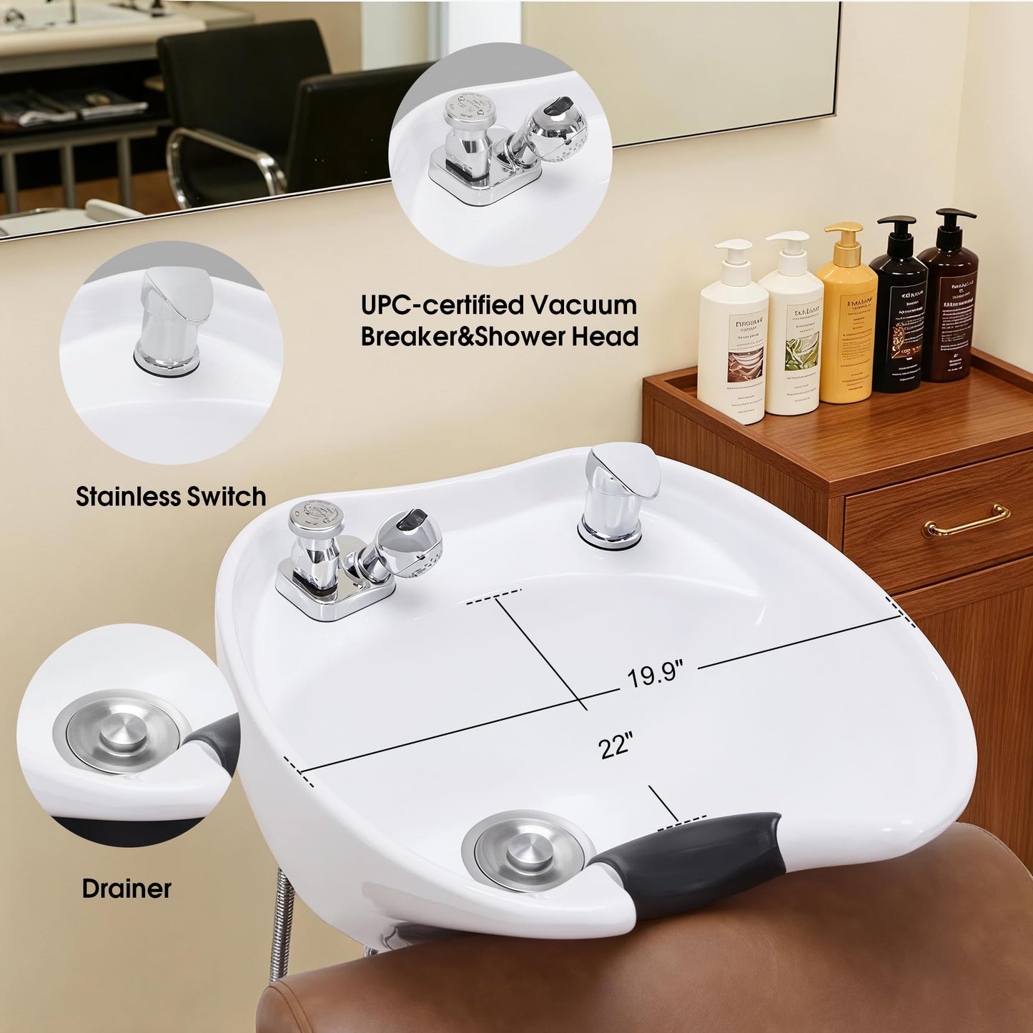 Lavender BarberPub Backwash Shampoo Station Chair, Adjustable Porcelain Ceramic Hair Wash Bowl with Chair, Shampoo Station for Barber Shop, Spa Beauty Salon Equipment 9364 (Brown)