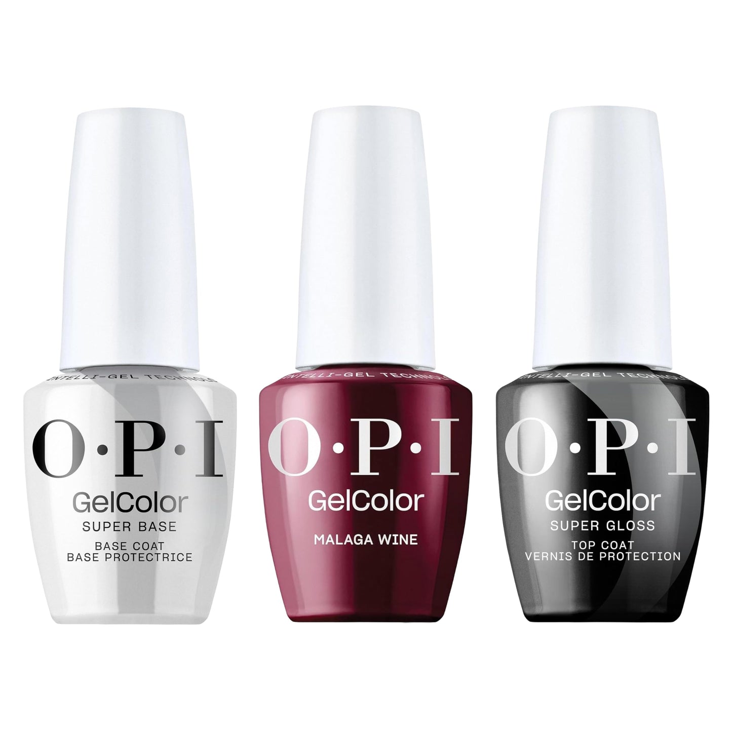 White Smoke OPI GelColor Iconic Gel Nail Polish + System Bundle | Super Base Coat + Malaga Wine, Opaque Dark Red Crème UV Cure Gel Polish + Super Gloss Top Coat