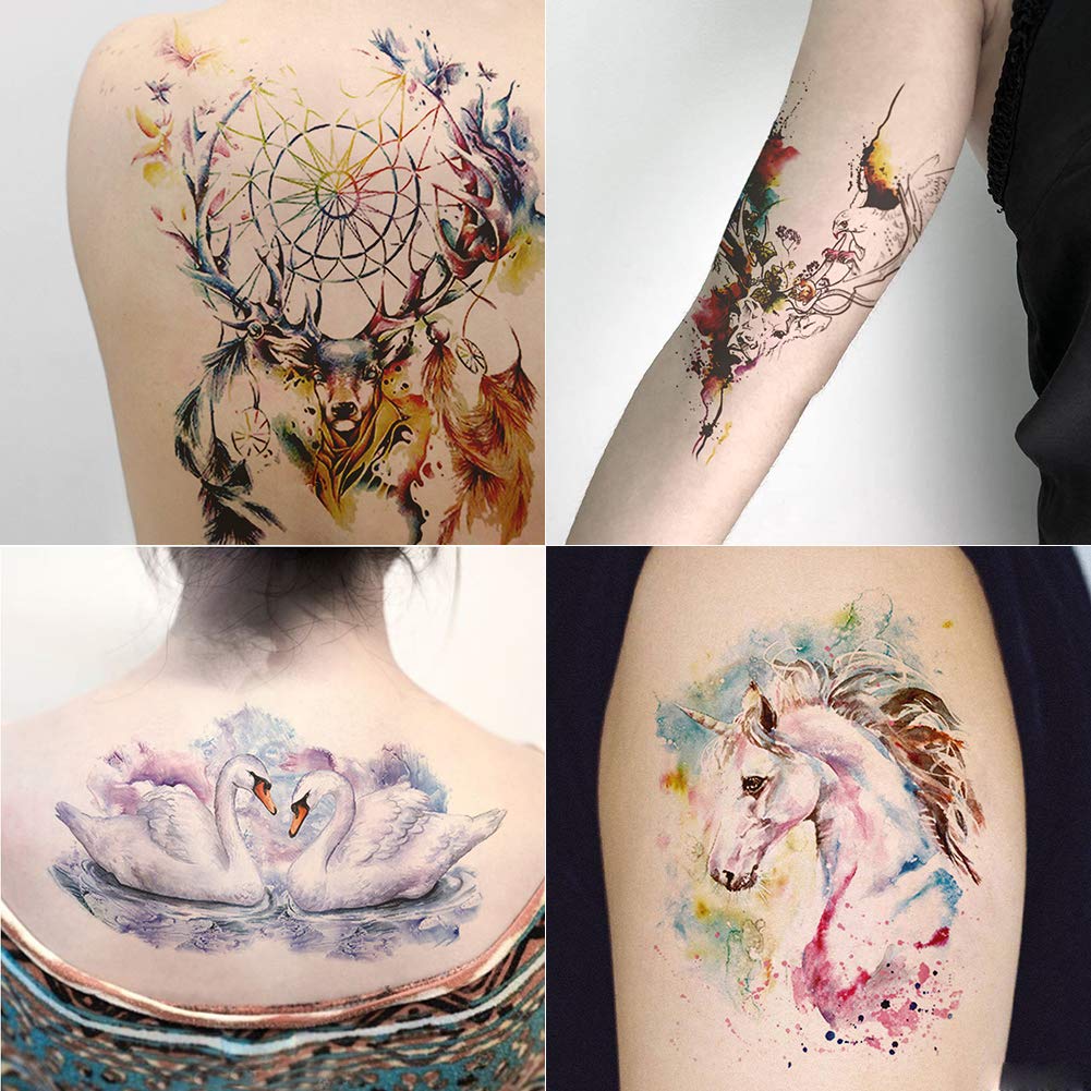 Lavender Oottati 12 Sheets Fairy Tales Animal Temporary Tattoo Kit - 21x15cm Pink Unicorn Swan Bird Deer Elf Wolf Owl Eagle Tree Elephant Moon Sun Totem Flower Arm