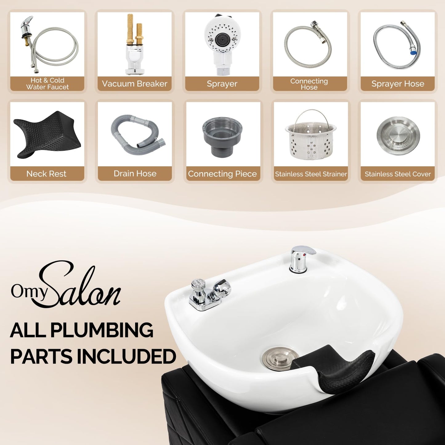 White Smoke OmySalon Shampoo Bowl and Chair Set for Salon, Hair Washing Station with Ceramic Shampoo Sink, UPC Certificated Vacuum Breaker, Neck Rest, Backwash Shampoo Unit for Barbershop Beauty Spa