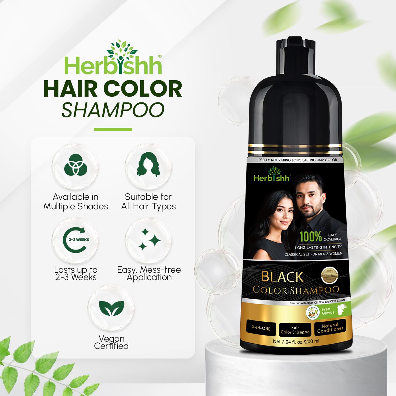 White Smoke Herbishh Black Shampoo, Hair Dye Shampoo 3 in 1, 100% Grey Coverage, Demi-Permanent Hair Color for Men & Women, Long-lasting Color in 5-15 Mins, Ammonia-free, 200 ml