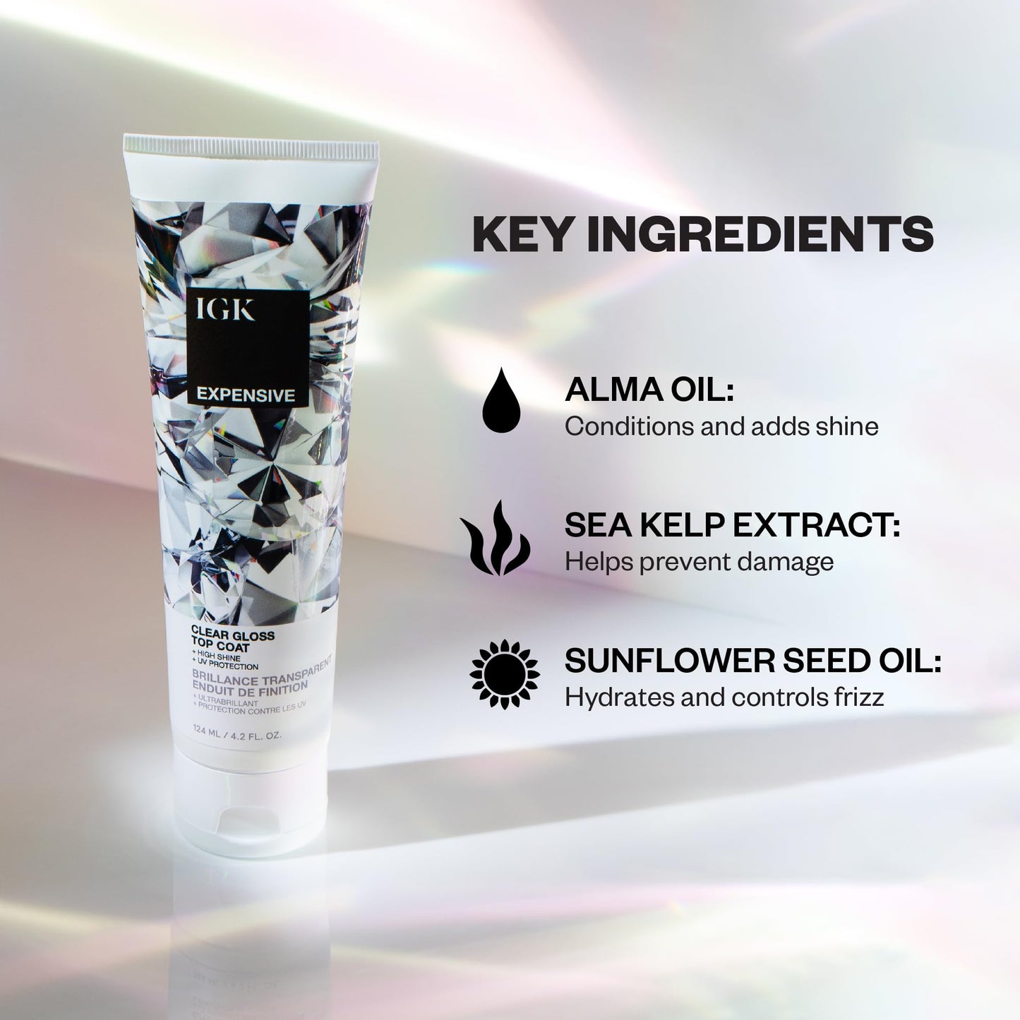 White Smoke IGK EXPENSIVE Clear Gloss Top Coat | High Shine Gloss Treatment for Soft, Smooth Glass Hair | Revives Color-Treated Hair and Helps Control Frizz | 4.2 Oz