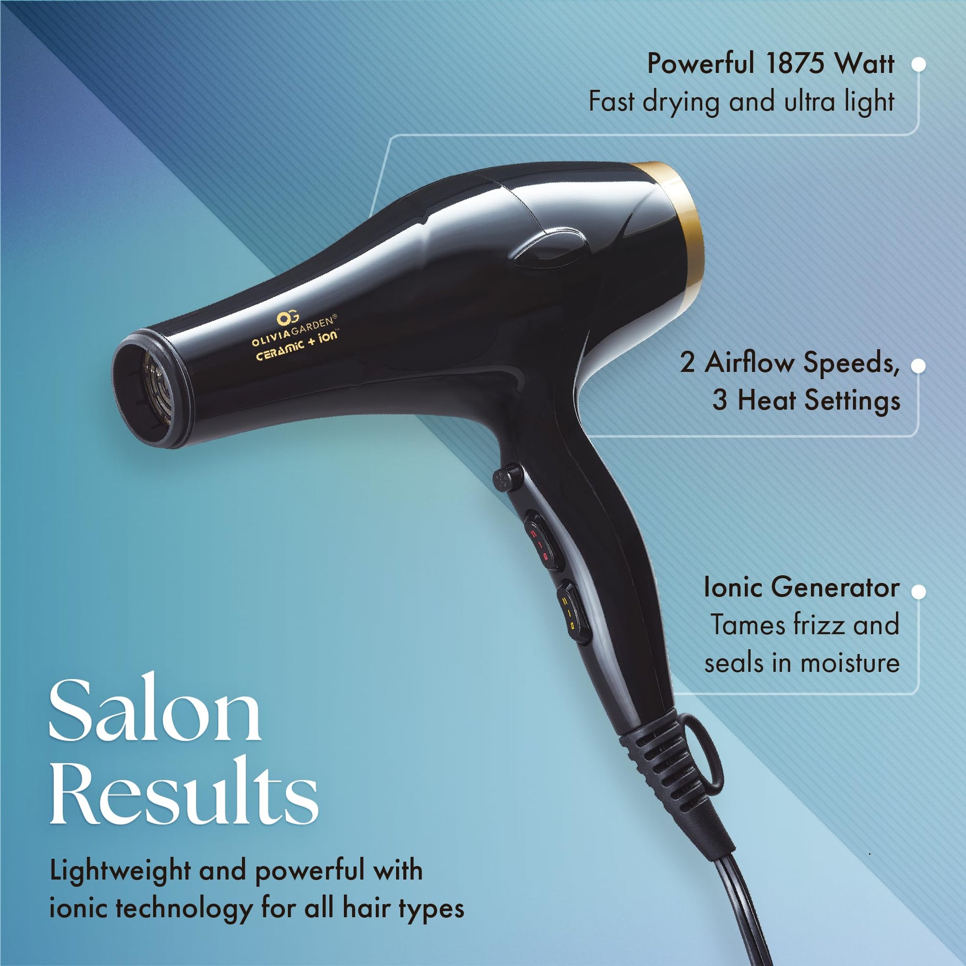 Sky Blue Olivia Garden 1875W Ceramic + Ion Professional Hair Dryer for Men and Women - Fast Drying Blow Dryer - Powerful Ionic Generator - 3 Heat Settings - with 2 Nozzles and Storage Bag - (Black/Gold)