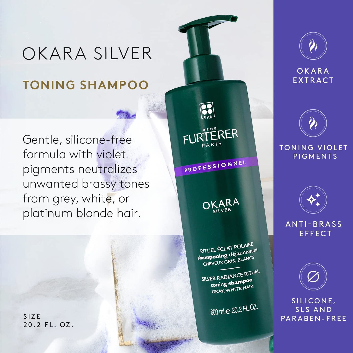 Lavender Rene Furterer OKARA SILVER Toning Shampoo, Purple Shampoo for Blonde, White, Grey, Silver, Pastel Hair, Pump, 20.2 oz.