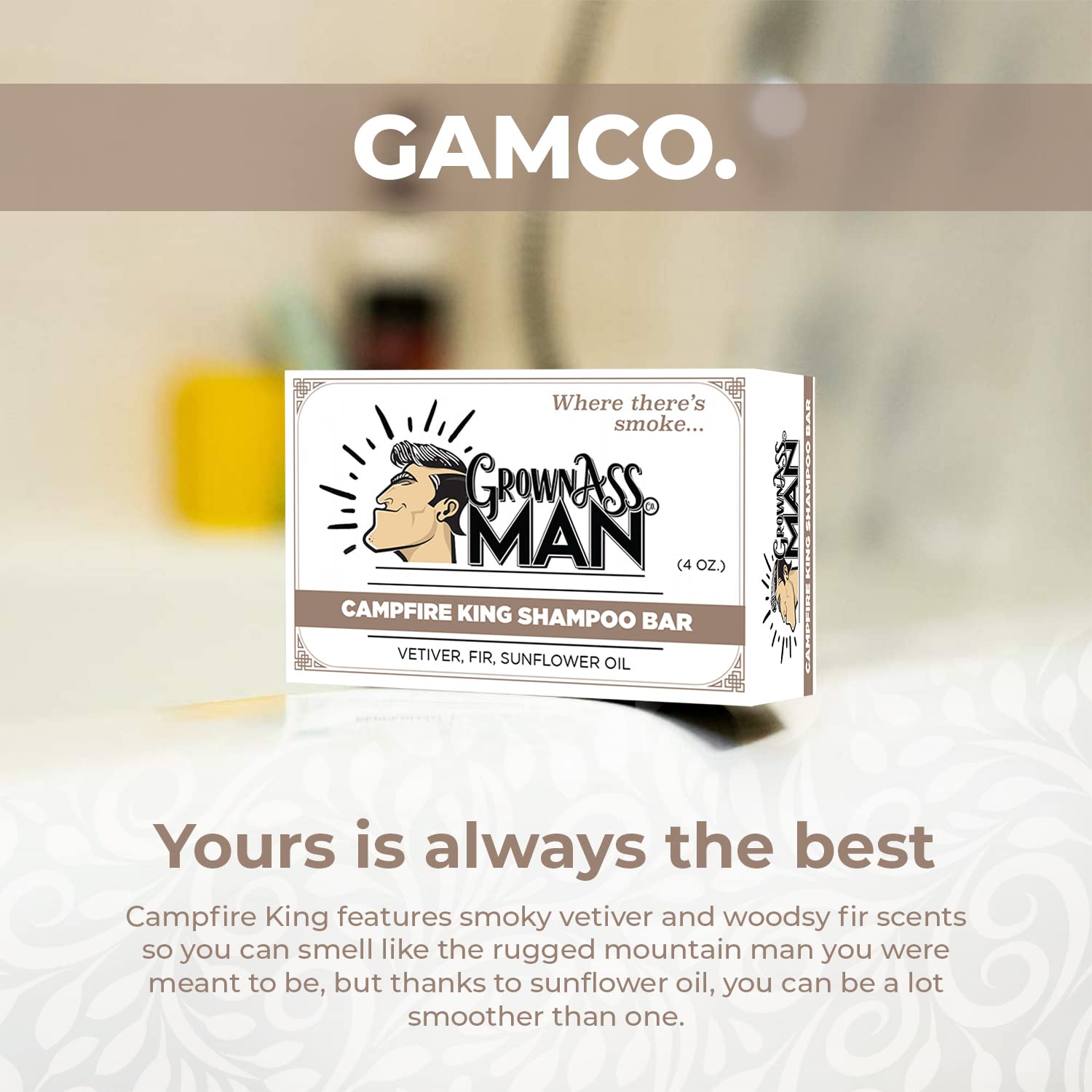 White Smoke Grown Ass Man Co. - Solid Shampoo Bar Rich Lather 3 in 1: Hair, Beard & Body Wash - Plastic Free & Eco-Friendly, Natural & Organic Clean for All Hair Types, 4oz Bar (Campfire King, Single)