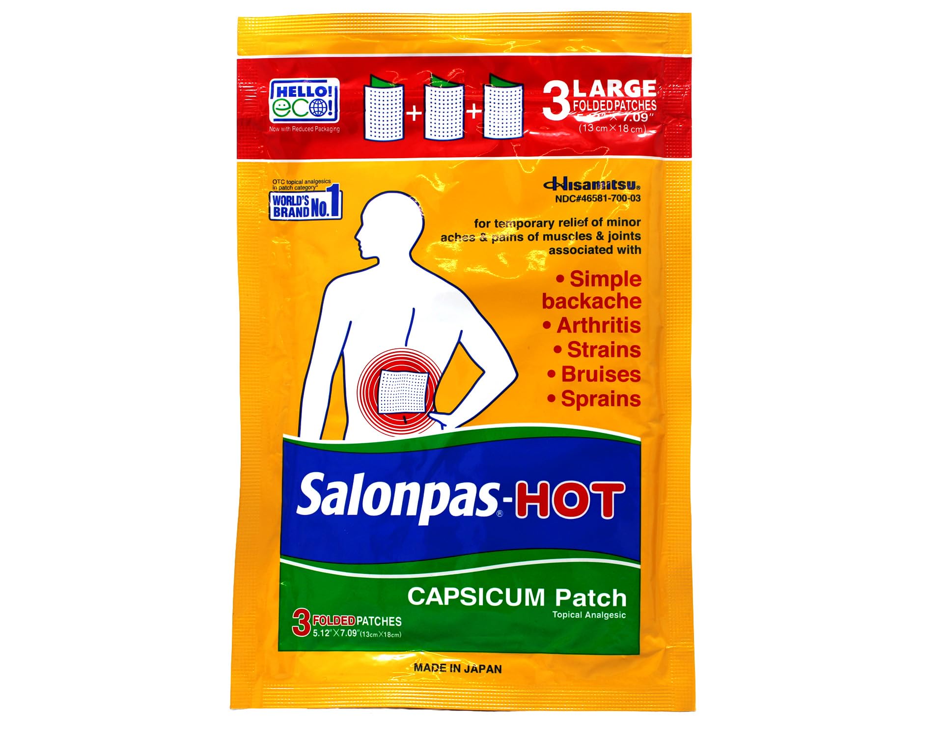 Dark Orange Salonpas Pain Relieving HOT Capsicum Patch, 3 Count per Pack Pack, for Back, Neck, Shoulder, Knee Pain and Muscle Soreness, 8 Hour Pain Relief Pack of 2