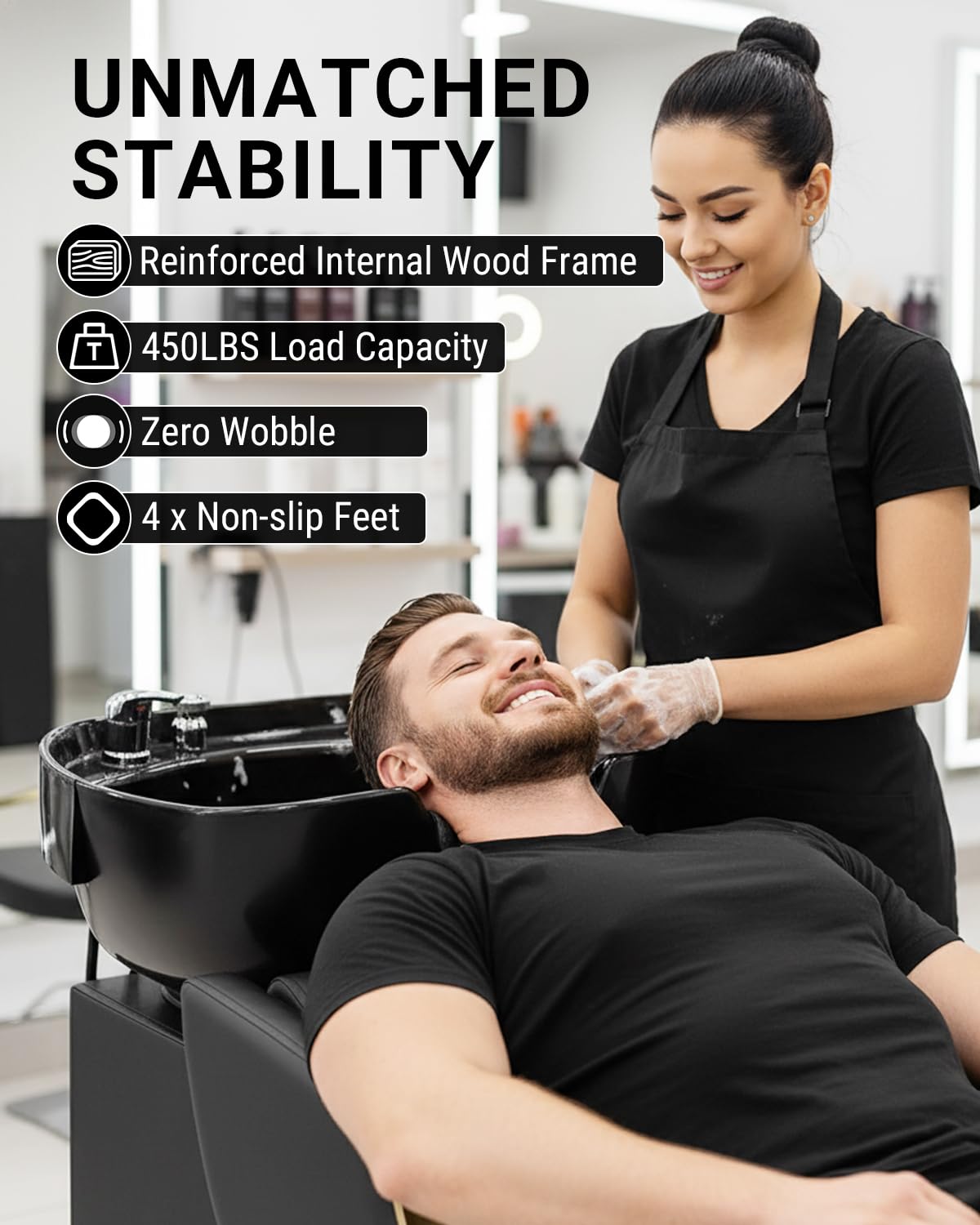 Black IJIALIFE Salon Shampoo Bowl and Chair Set with Footstool – Modern Black & Gold Barber Backwash Chair, Heavy Duty 450lbs Hair Washing Chair with Deep ABS Basin & Neck Rest for Spa Beauty Stylist