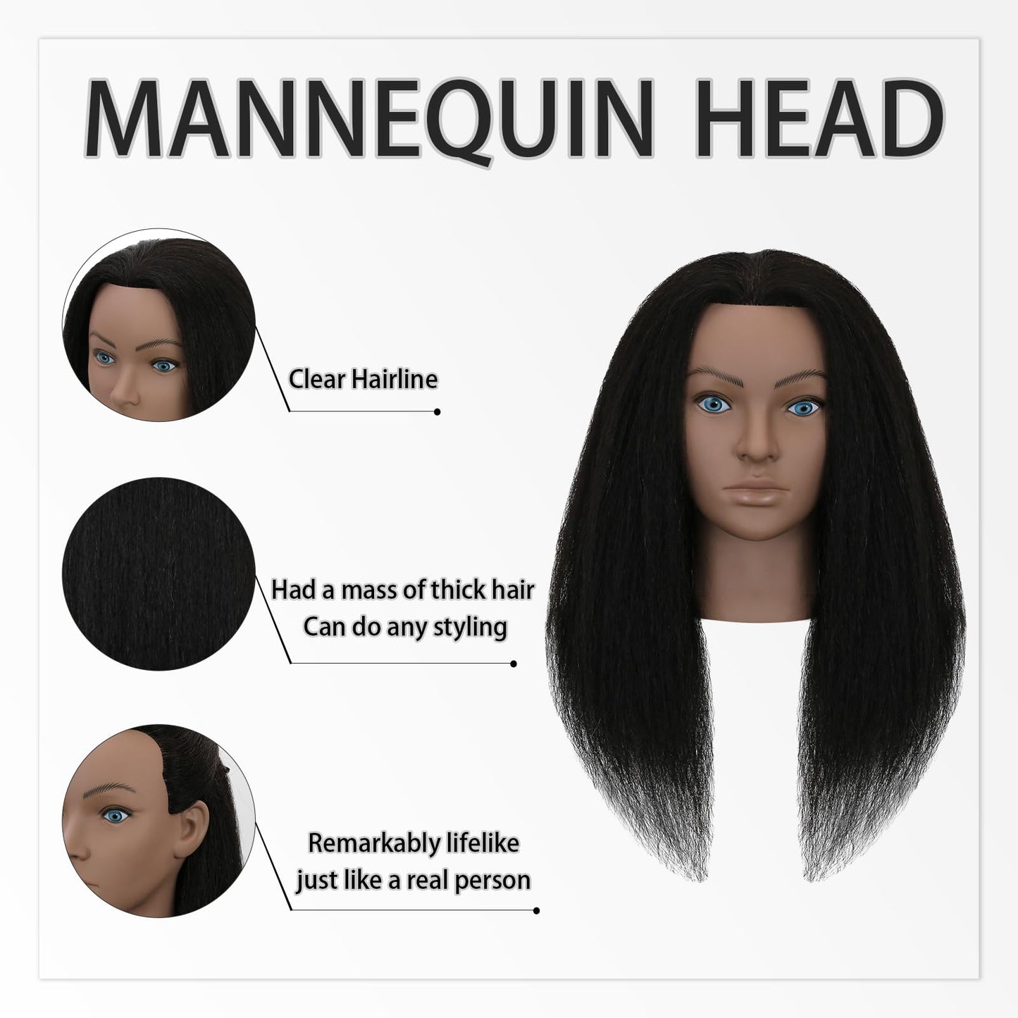 White Smoke Sirydtm 18" Mannequin Head Human Hair 100% Real Human Hair Mannequin Head Cosmetology Makeup Doll Training Head With Table Clamp Stand for Curling, Cutting Dyeing & Hairdresser School Training