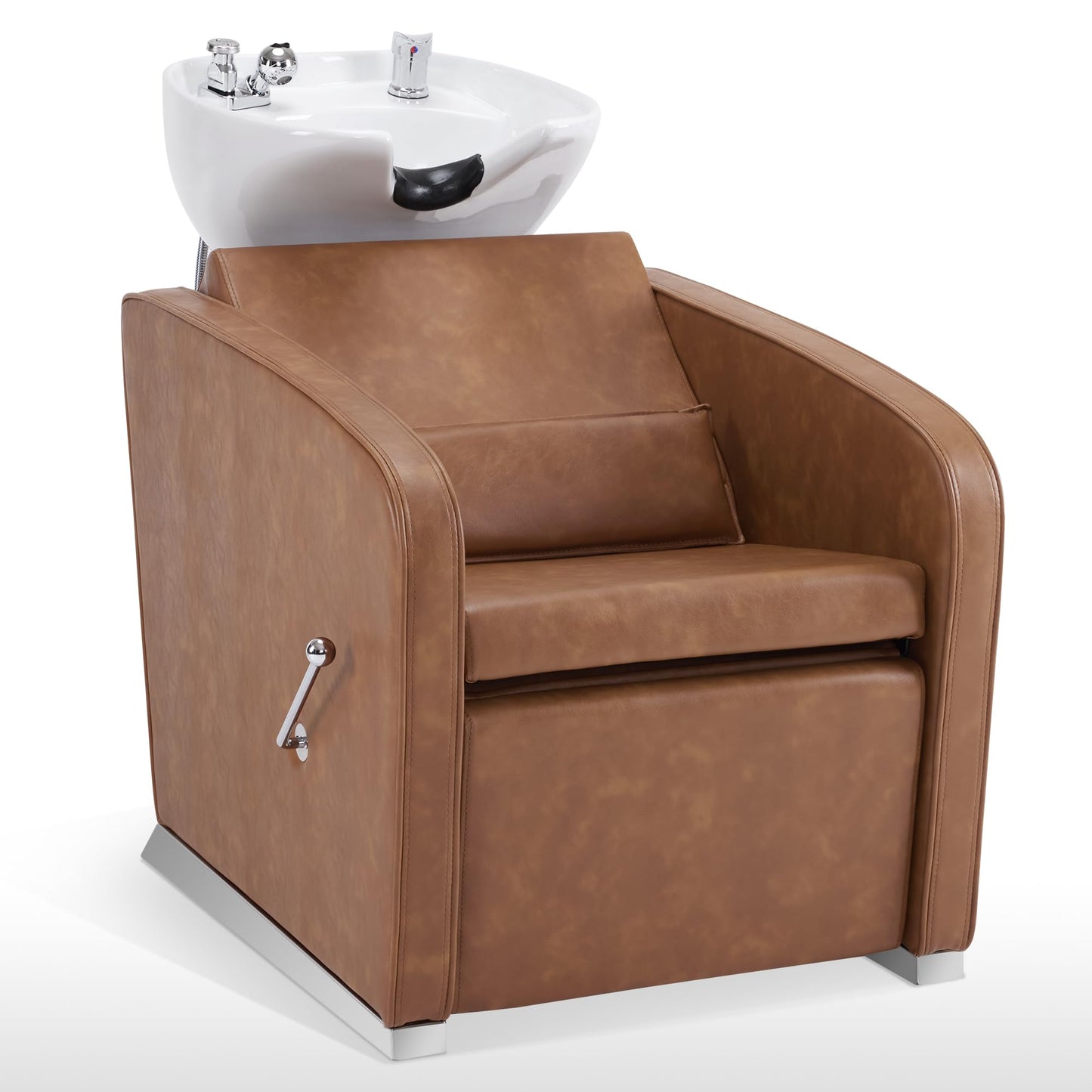 White Smoke BarberPub Backwash Shampoo Station Chair, Adjustable Porcelain Ceramic Hair Wash Bowl Sink Unit Station, Reclining Shampoo Station Chair for Spa Beauty Salon Hair Salon Equipment 9303 (Brown)