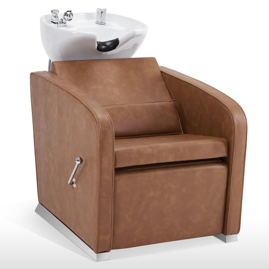 White Smoke BarberPub Backwash Shampoo Station Chair, Adjustable Porcelain Ceramic Hair Wash Bowl Sink Unit Station, Reclining Shampoo Station Chair for Spa Beauty Salon Hair Salon Equipment 9303 (Brown)