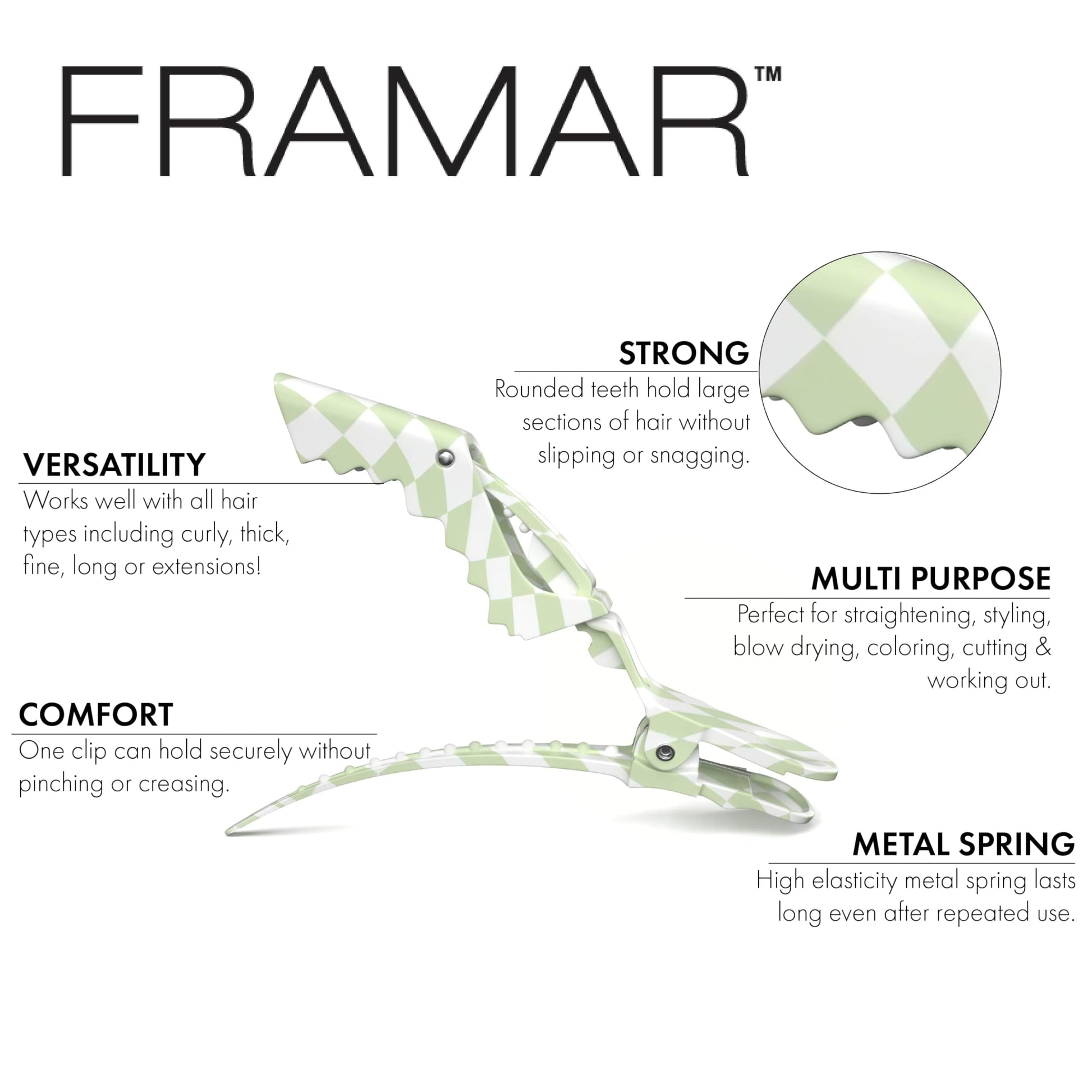 White Smoke FRAMAR Alligator Clips For Hair Styling – Professional Alligator Hair Clips For Women, Checkered Hair Clip For Women, Checkered Hair Clips For Styling – Matte Firm Hold Without Slipping – 4 Pack
